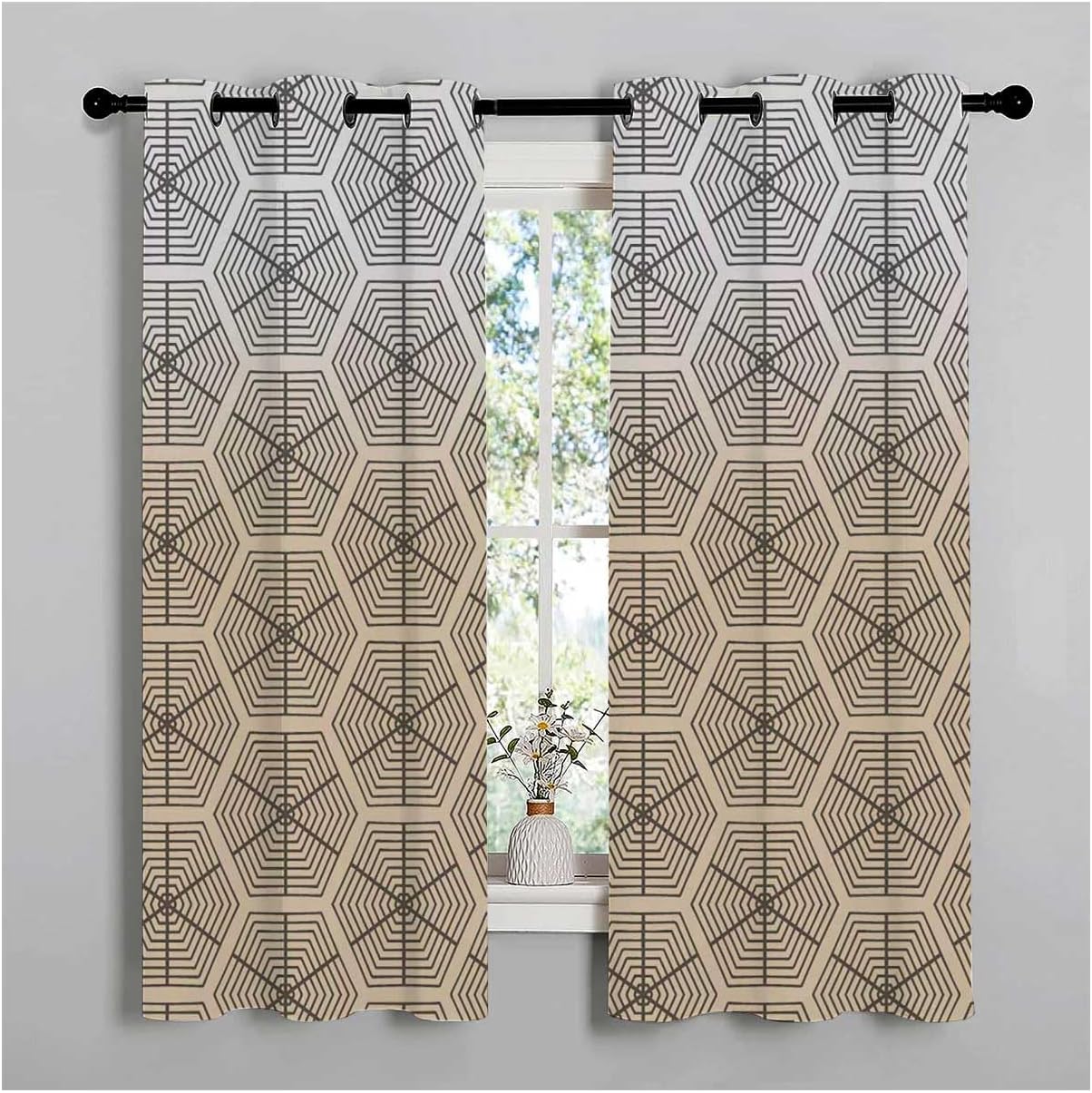 YANFENQI Cortinas para Habitacion Cream Coloured Geometric Checked Curtain Room Divider Drapes 63Inch Width by 63Inch Length,2 Panels