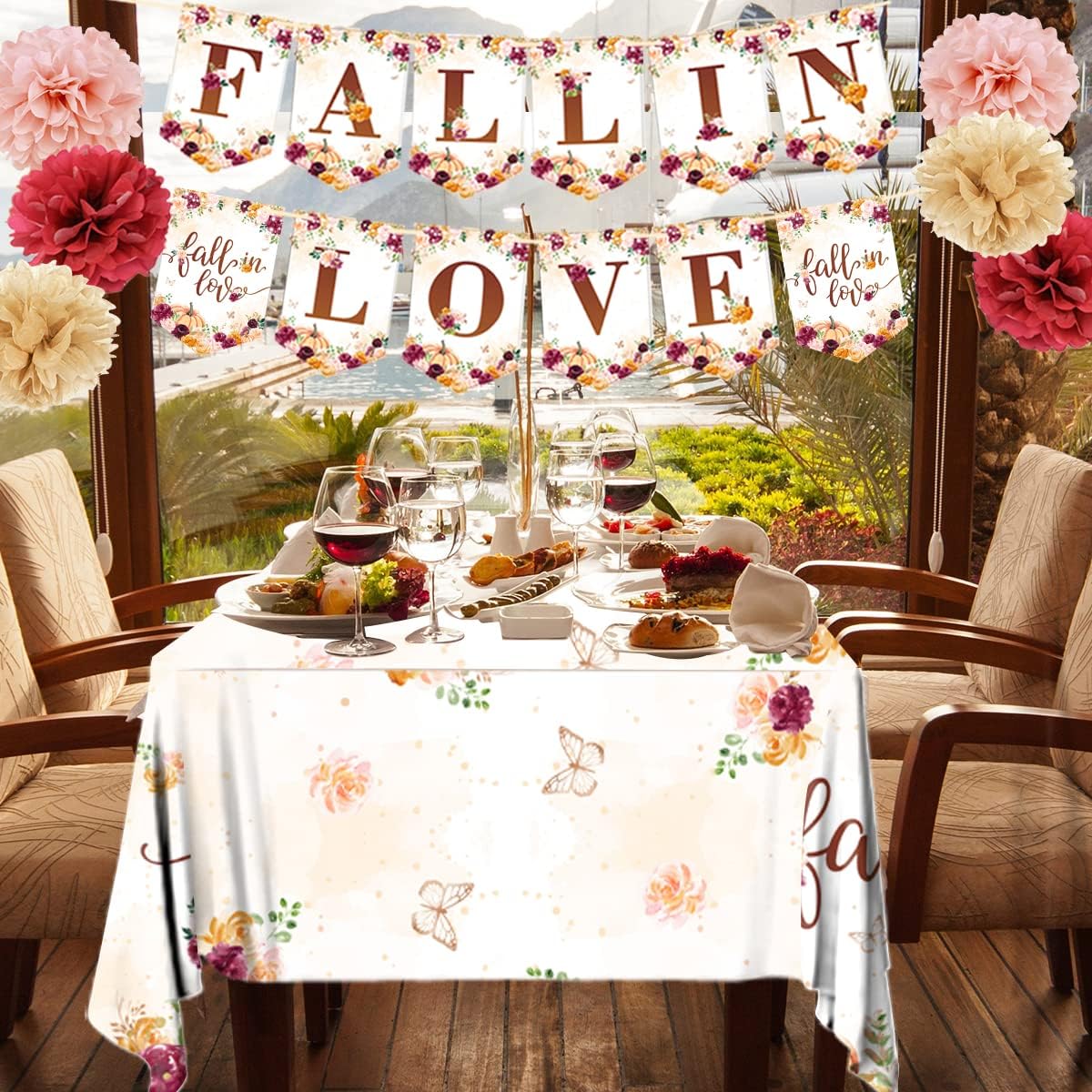 Juego de decoraciones de fiesta de otoño con diseño floral de calabaza, incluye manteles de otoño, plato de cena de enamoramiento, globos bohemios,