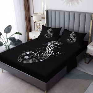 Sábanas musicales tamaño Queen, sábanas de cama con notas musicales, sábanas y fundas de almohada estampadas, juego de 4 piezas, sábana bajera Sábanas musicales tamaño Queen, sábanas de cama con notas musicales, sábanas y fundas de almohada estampadas, juego de 4 piezas, sábana bajera