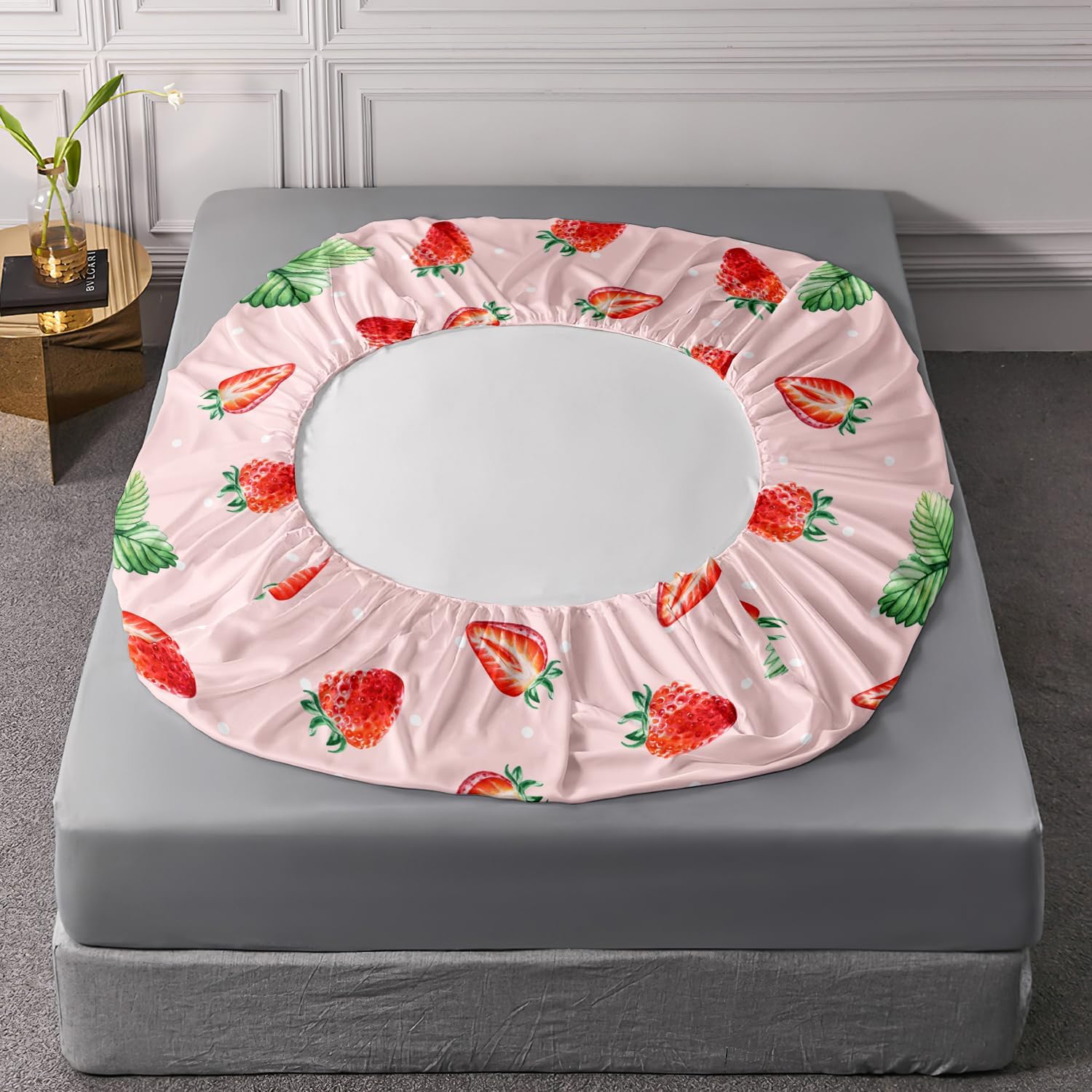 AILONEN Juego de sábanas bajeras de fresa tamaño individual, juego de sábanas bonitas de fresa para niñas, juego de sábanas temáticas rosas, 3