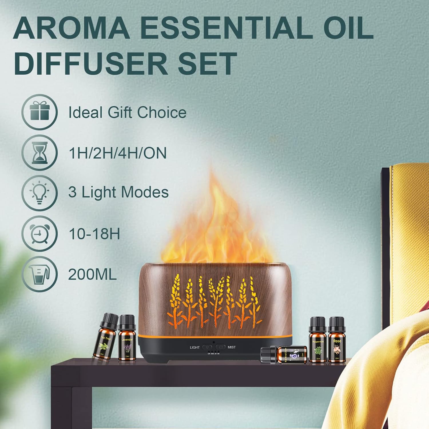 WJNB Difusor de aceite esencial para el hogar el difusor ultrasónico de niebla fría extiende el aroma por la habitación – Luz ambiental de llama