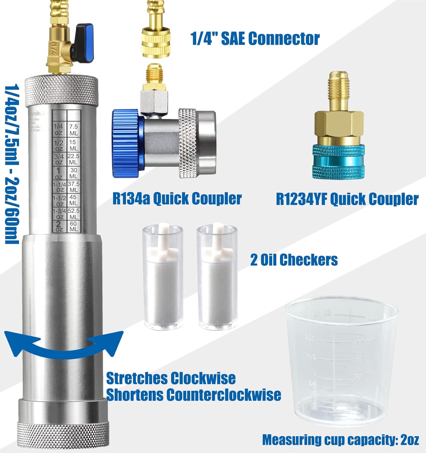 Kit de inyector de tinte de aceite CA para sistema R1234YF R134A con 2 acopladores rápidos 2 comprobadores de aceite taza de medición de 2 onzas