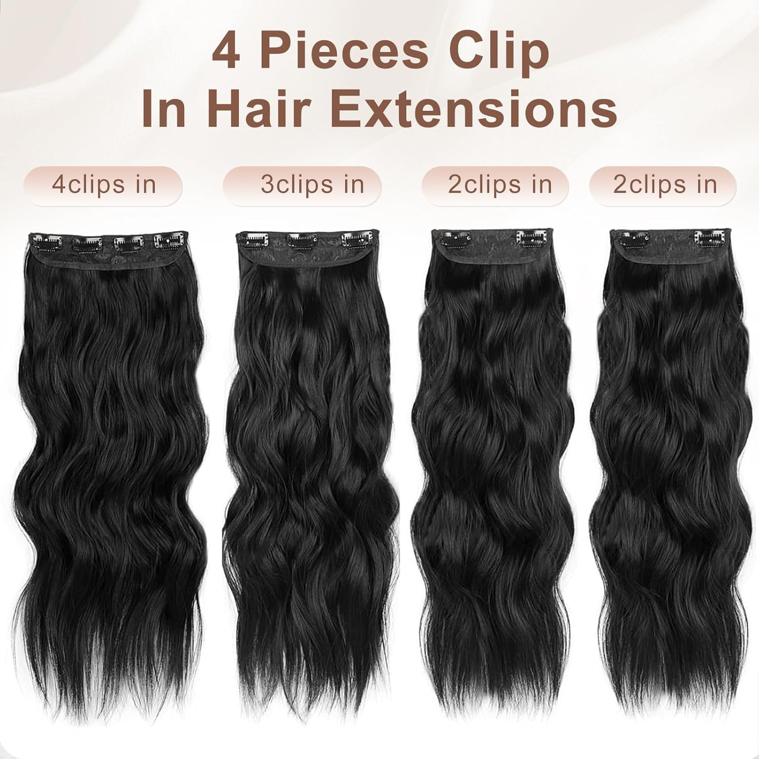 ALXNAN Extensiones de cabello con clip, extensiones de cabello largo ondulado de 20 pulgadas, color negro, 4 piezas gruesas para mujer