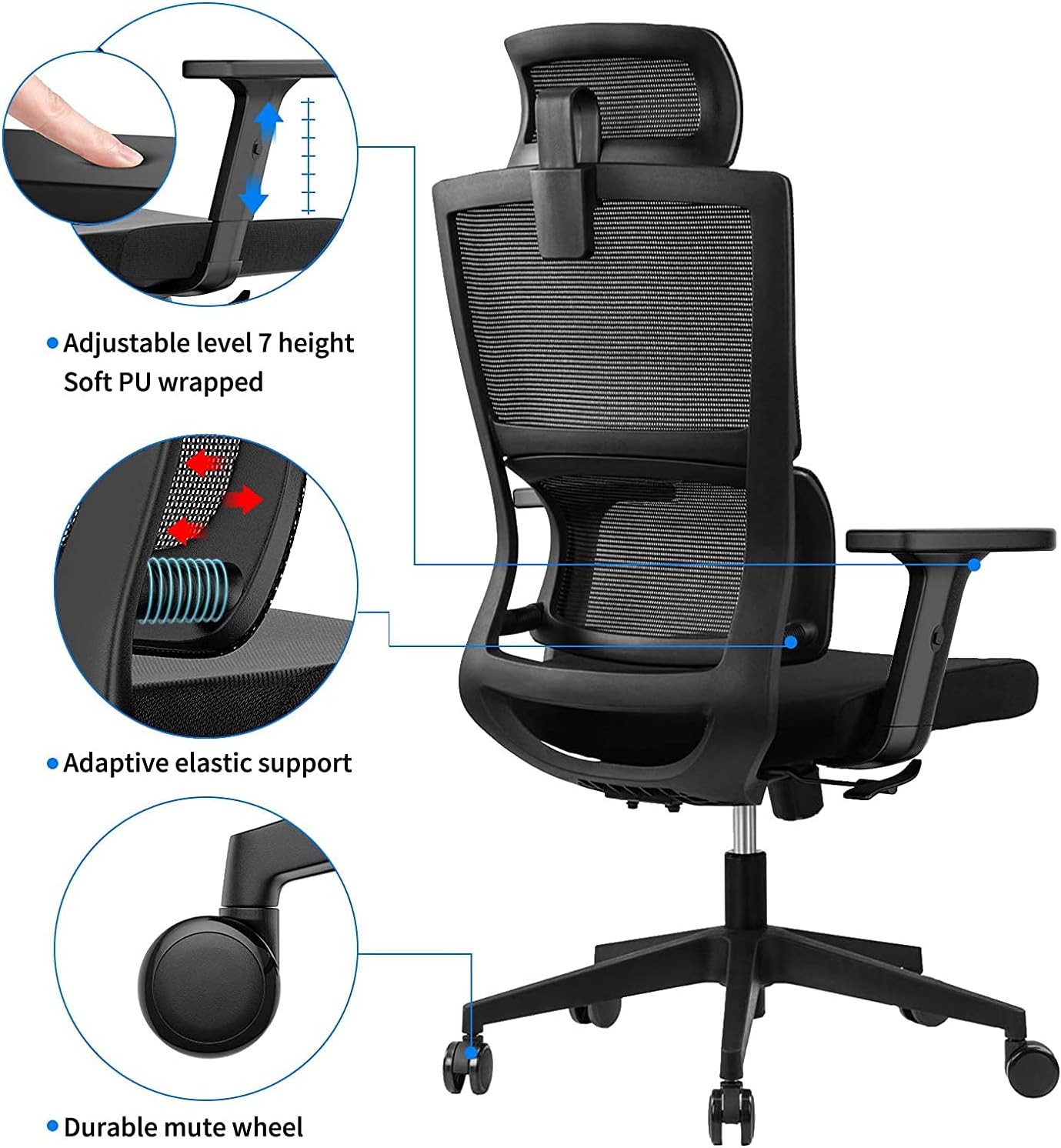 Silla de oficina ergonómica con soporte lumbar mejorado y reposacabezas ajustables, silla de escritorio con respaldo alto de malla, silla de