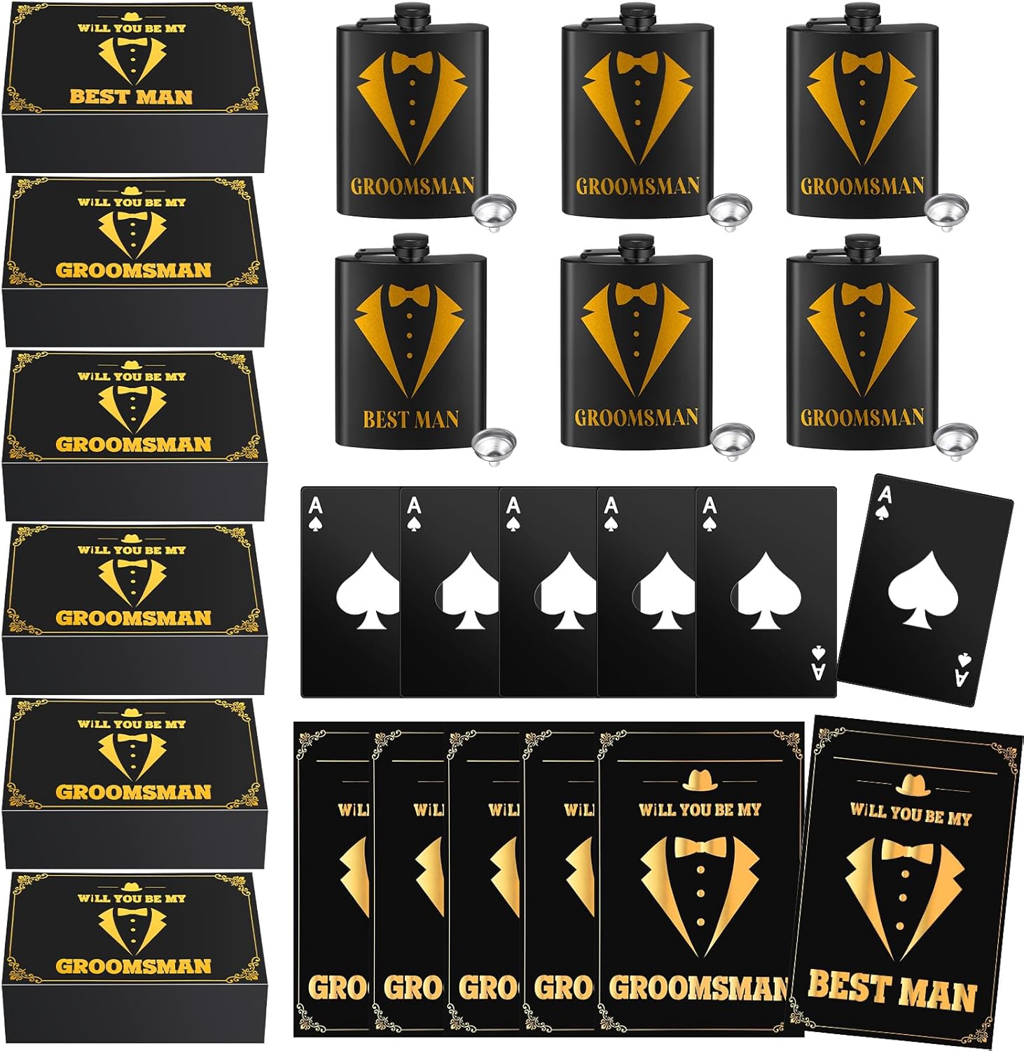 Nosiny Juego de 30 cajas de regalo para padrinos de boda, incluye 6 padrinos de boda, 6 abrebotellas de tarjetas, 6 vasos de chupito, 6 cajas de