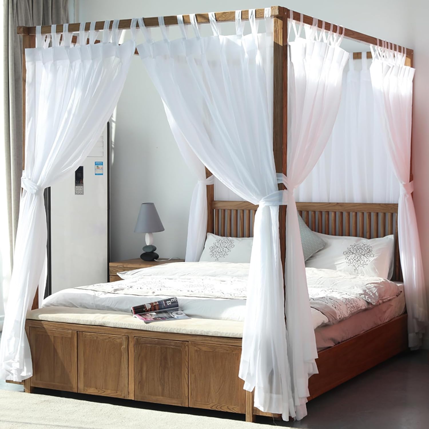 AIKASY Tabla de cama con toldo con parte superior y velcro autoadhesivo, tela de princesa de gasa blanca, crea un ambiente romántico en la