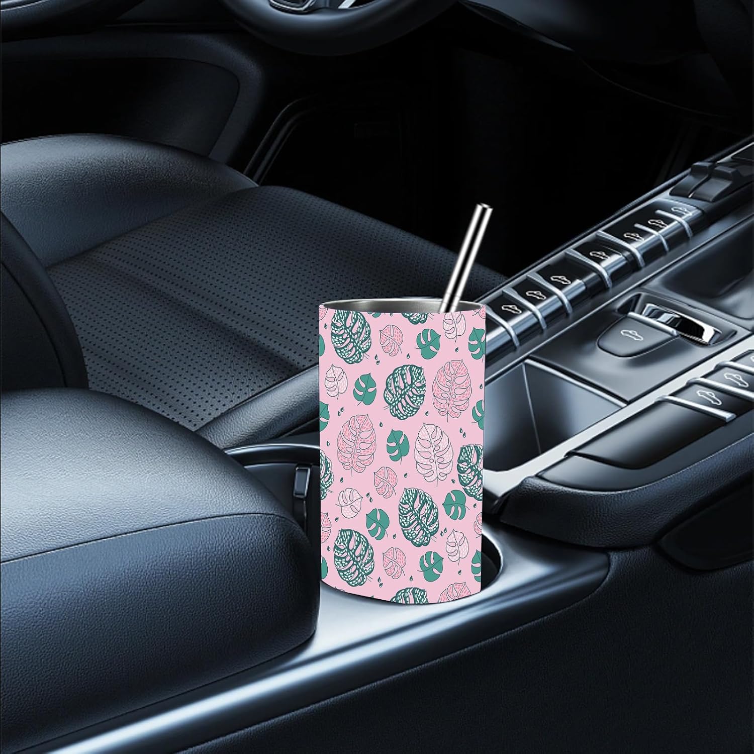 Maravilloso Vaso térmico de hojas de plantas tropicales con tapa y pajilla, 20 onzas, vaso térmico de acero inoxidable para agua, botella de viaje,