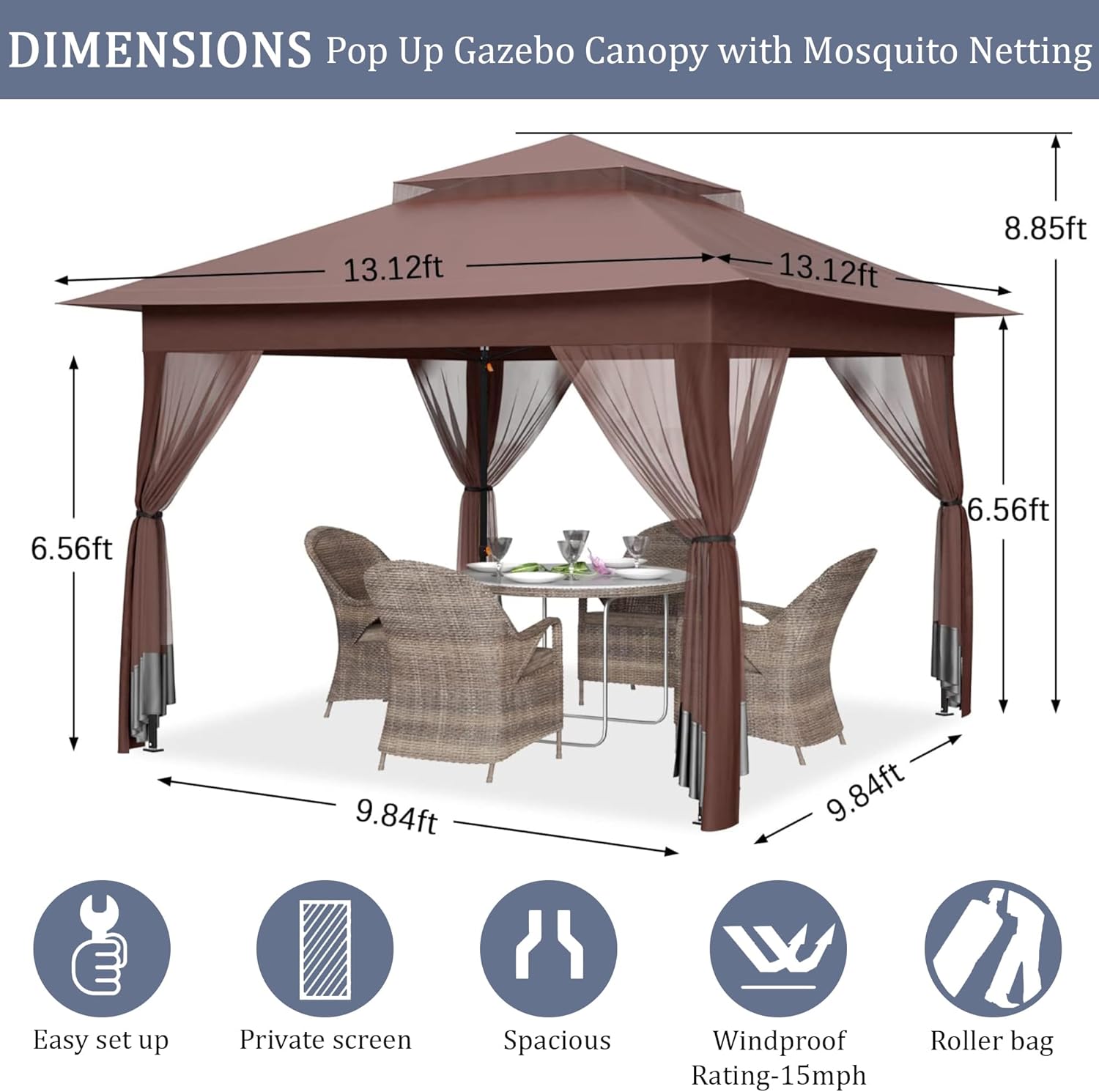 yoyomax Gazebo desplegable para exteriores de 13 x 13 pulgadas con red, kiosco portátil impermeable, refugio para patio con techo doble y 169 pies