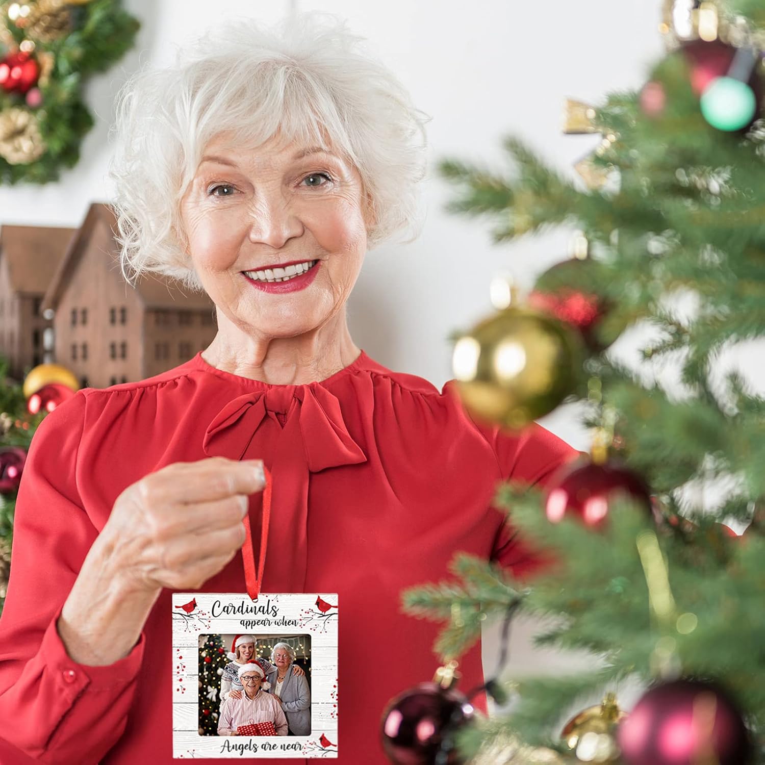 Adornos de Navidad de cardenal rojo, marco de fotos de madera, adornos conmemorativos para árbol de Navidad, adornos para árbol de Navidad cuando el