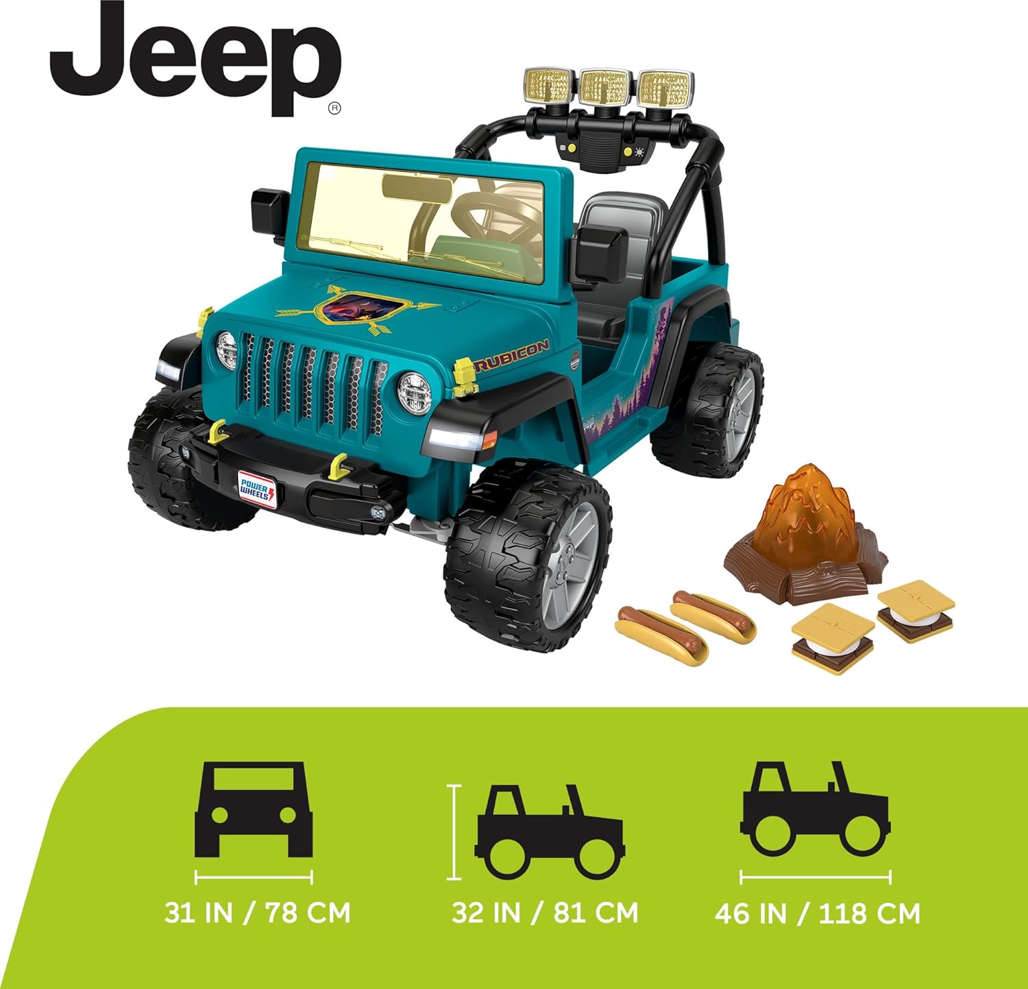 Fisher-Price Power Wheels Jeep Wrangler montable para ir camping con comida de simulación, equipo de campamento y luces, juguete preescolar,