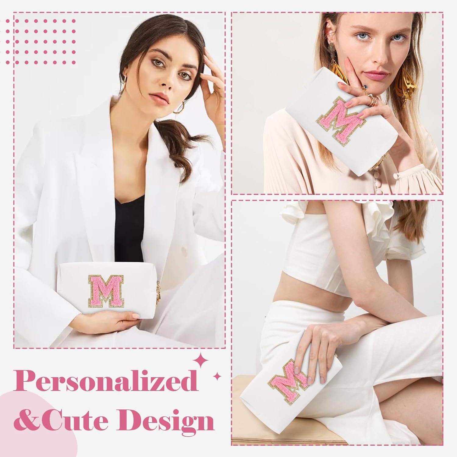 Bolsa de maquillaje personalizada con inicial A-Z, pequeña bolsa de cosméticos de viaje de piel sintética con cremallera, bonita bolsa de aseo