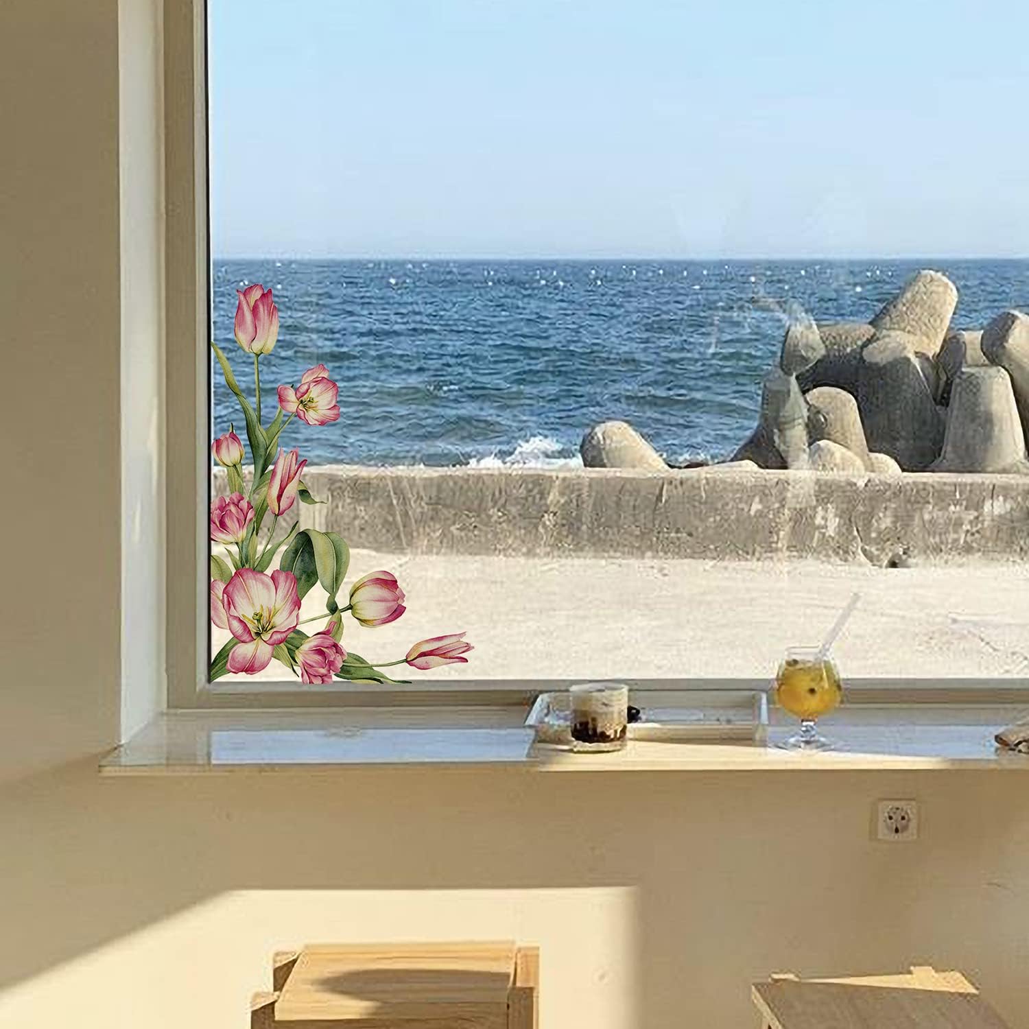 Calcomanías vintage de primavera para ventana, diseño de tulipán de primavera, adhesivo transparente para ventana, película de vidrio de doble cara