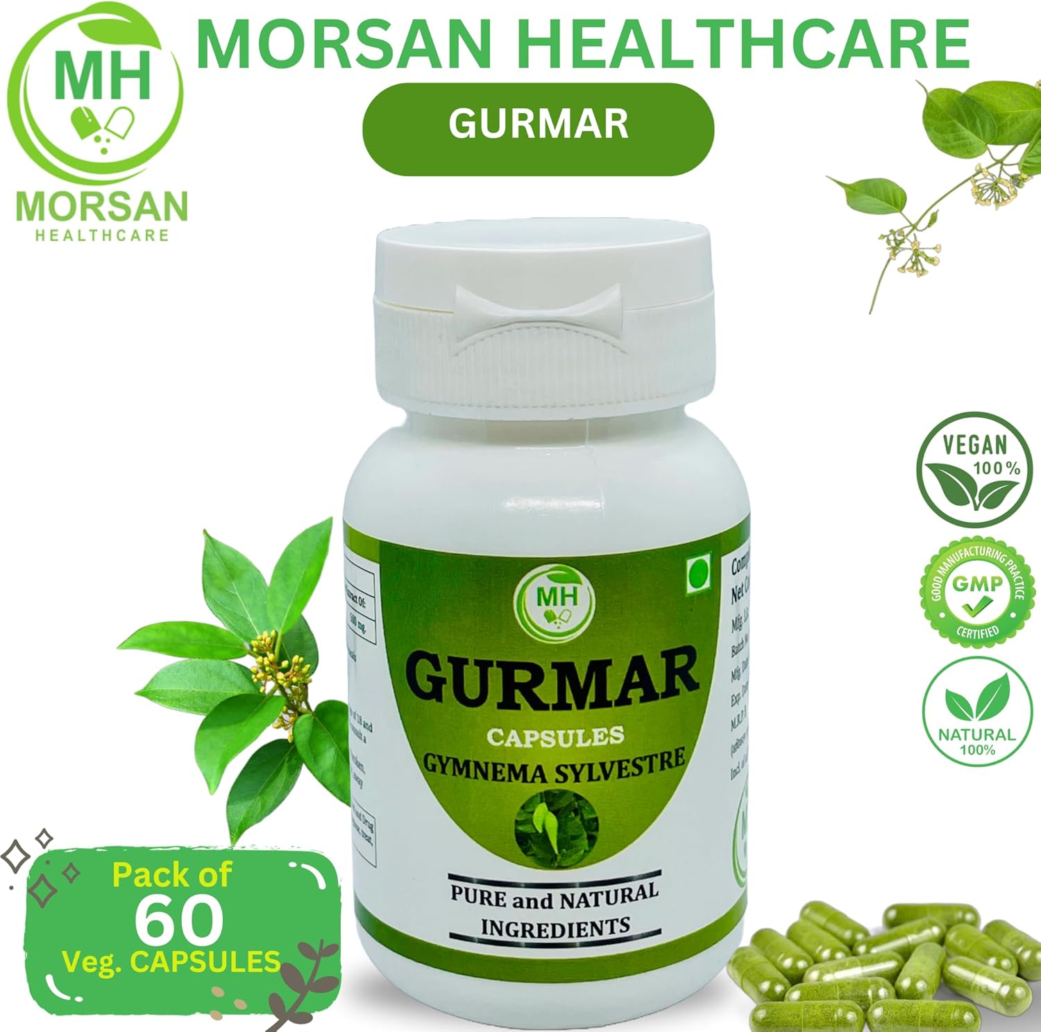 Morsan’s Gymnema sylvestre (Gudmar, Gurmar) Cápsulas, Pack de 60 x 500 mg. Veg. Cápsulas (1)