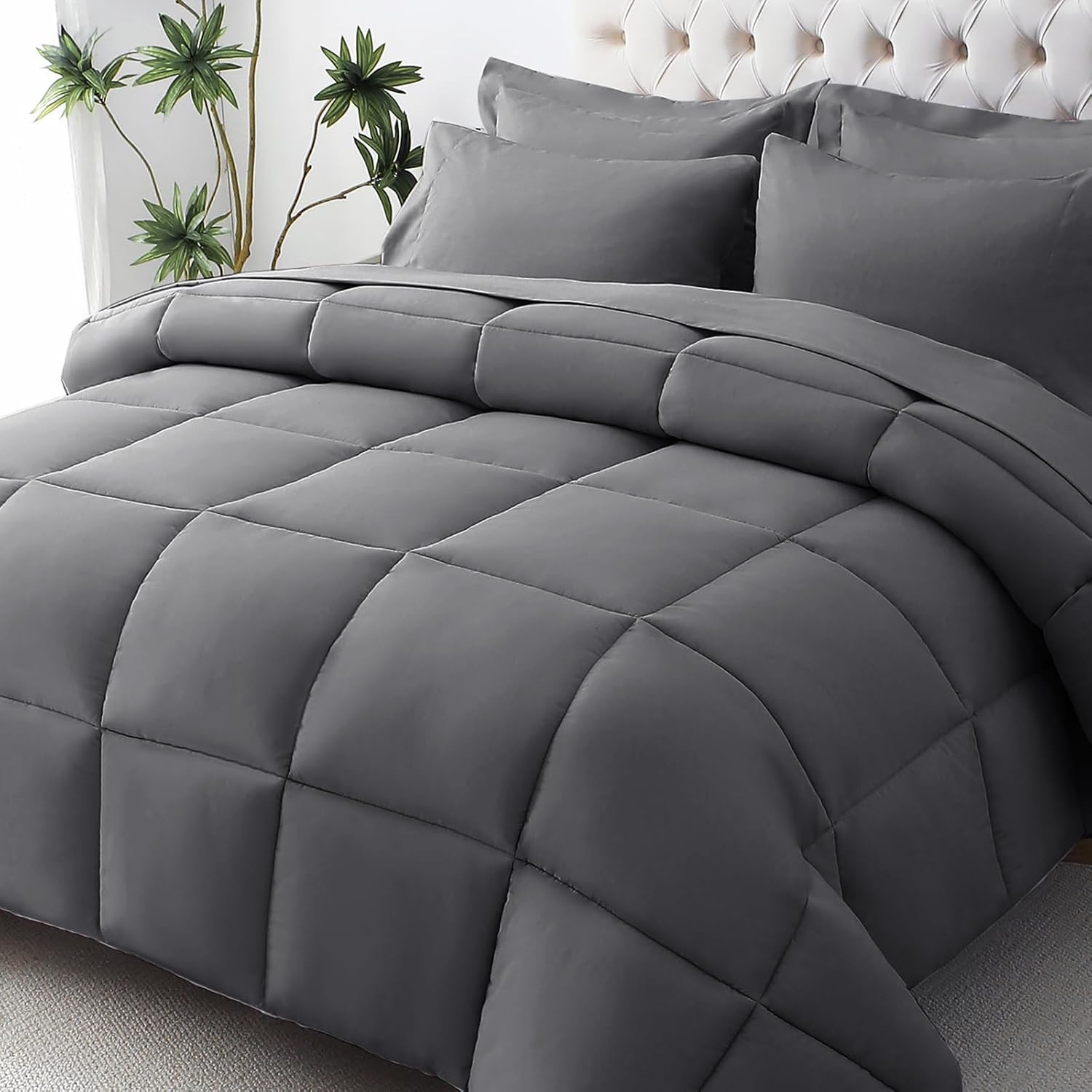 JOLLYVOGUE Juego de edredón King de 7 piezas  Cama en una bolsa ultrasuave  Alternativa de plumón de ganso  Serie 1800 Premium con edredón, sábanas,