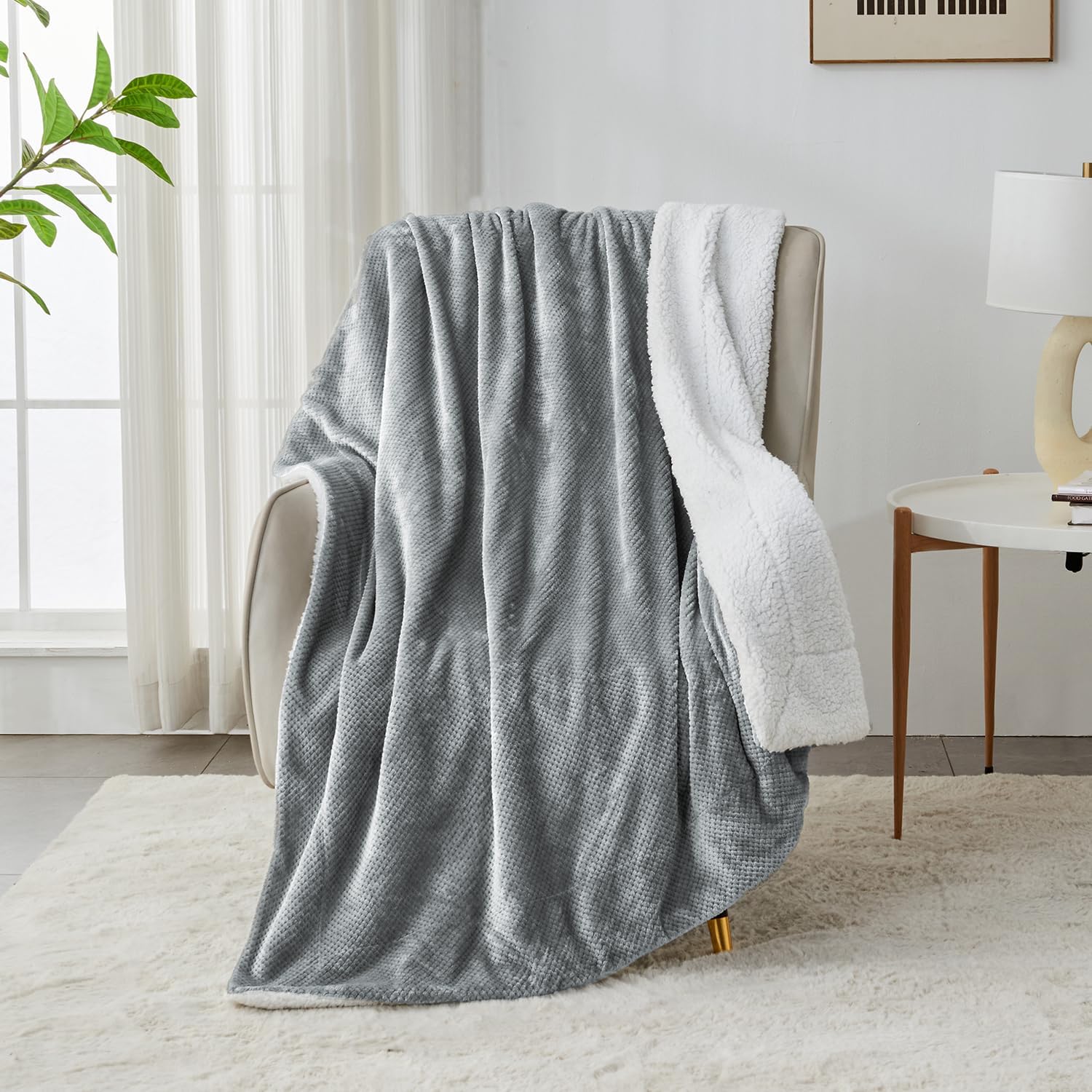 SOCHOW – Manta de forro polar Waffle Sherpa, muy suave, cálida y esponjosa, ligera, reversible, manta de felpa para cama, sofá