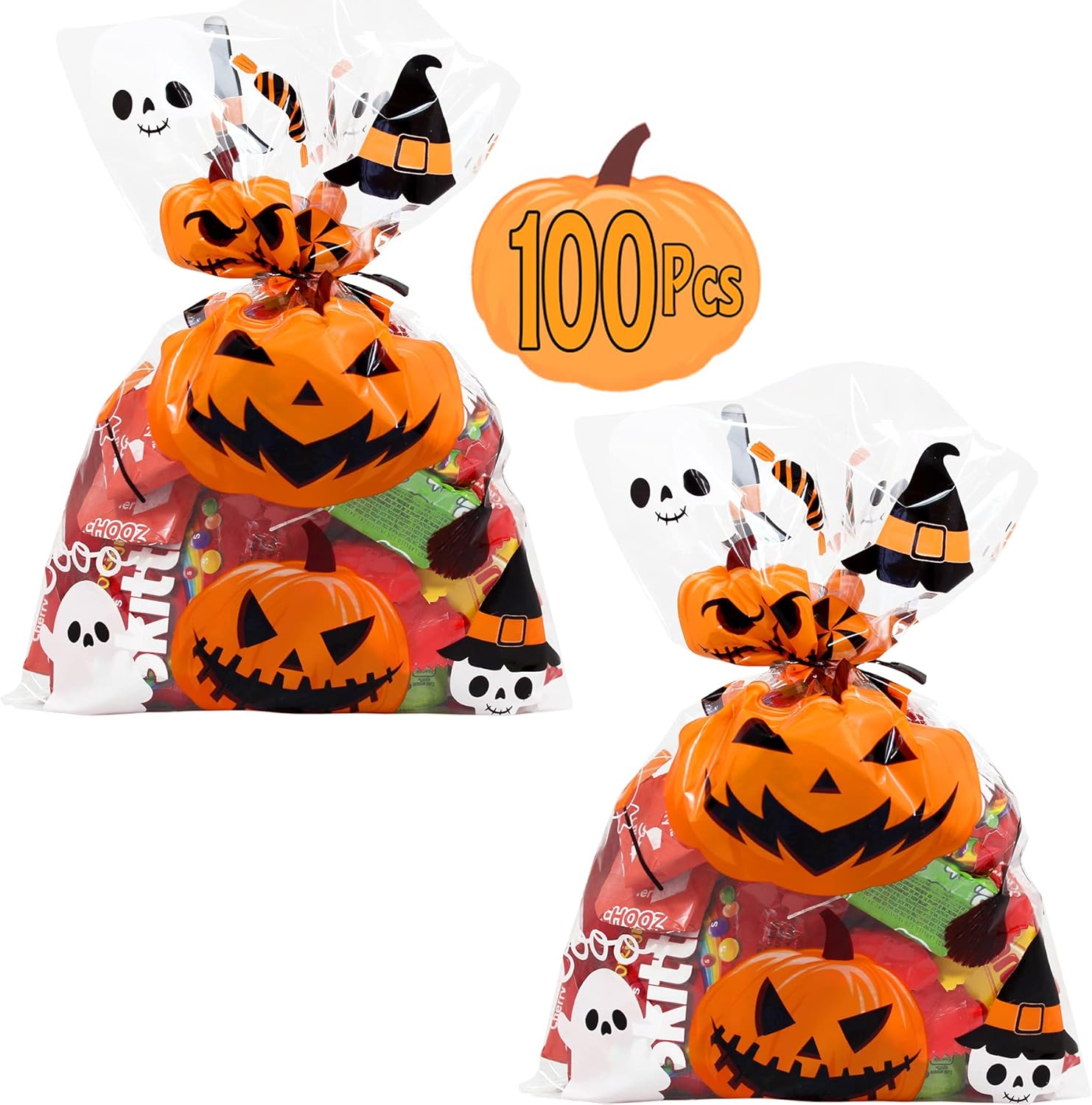 AnapoliZ Bolsas de regalo de Halloween  100 piezas (6 x 9 pulgadas)  Bolsas de celofán transparente de 2.5 mil con divertidos diseños aterradores