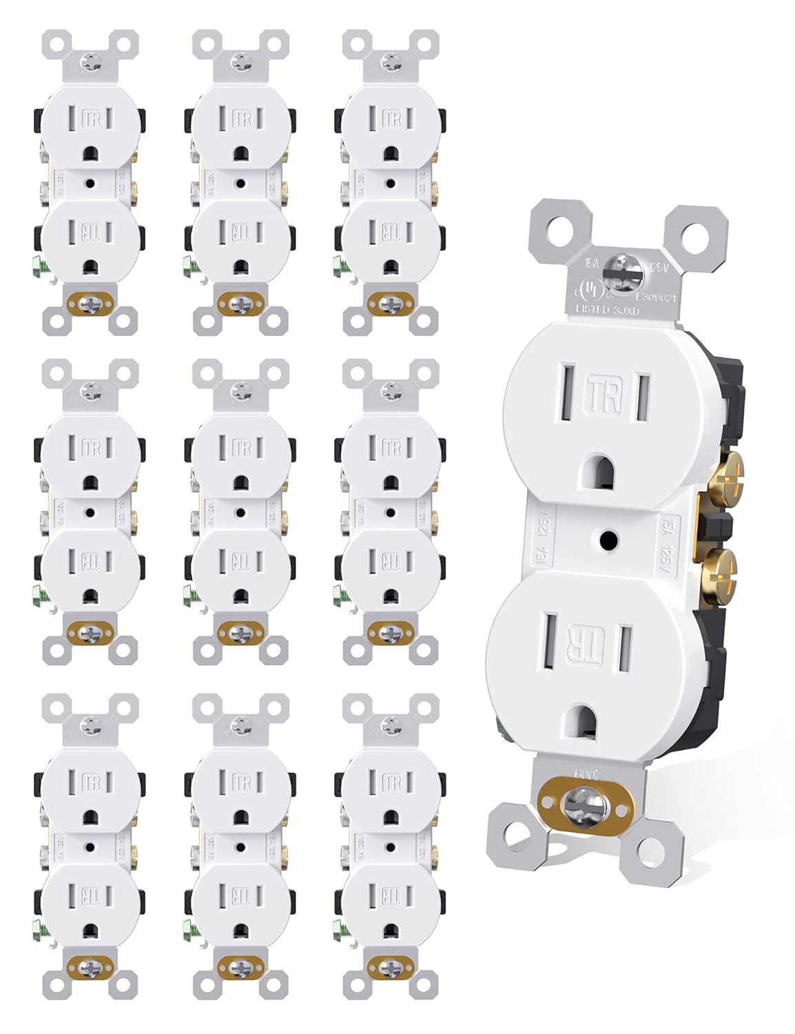 AIDA Toma de corriente dúplex, tomas TR, residencial, 3 cables, conexión a tierra, 15 amperios 125 V, certificación UL, blanco (paquete de 10)