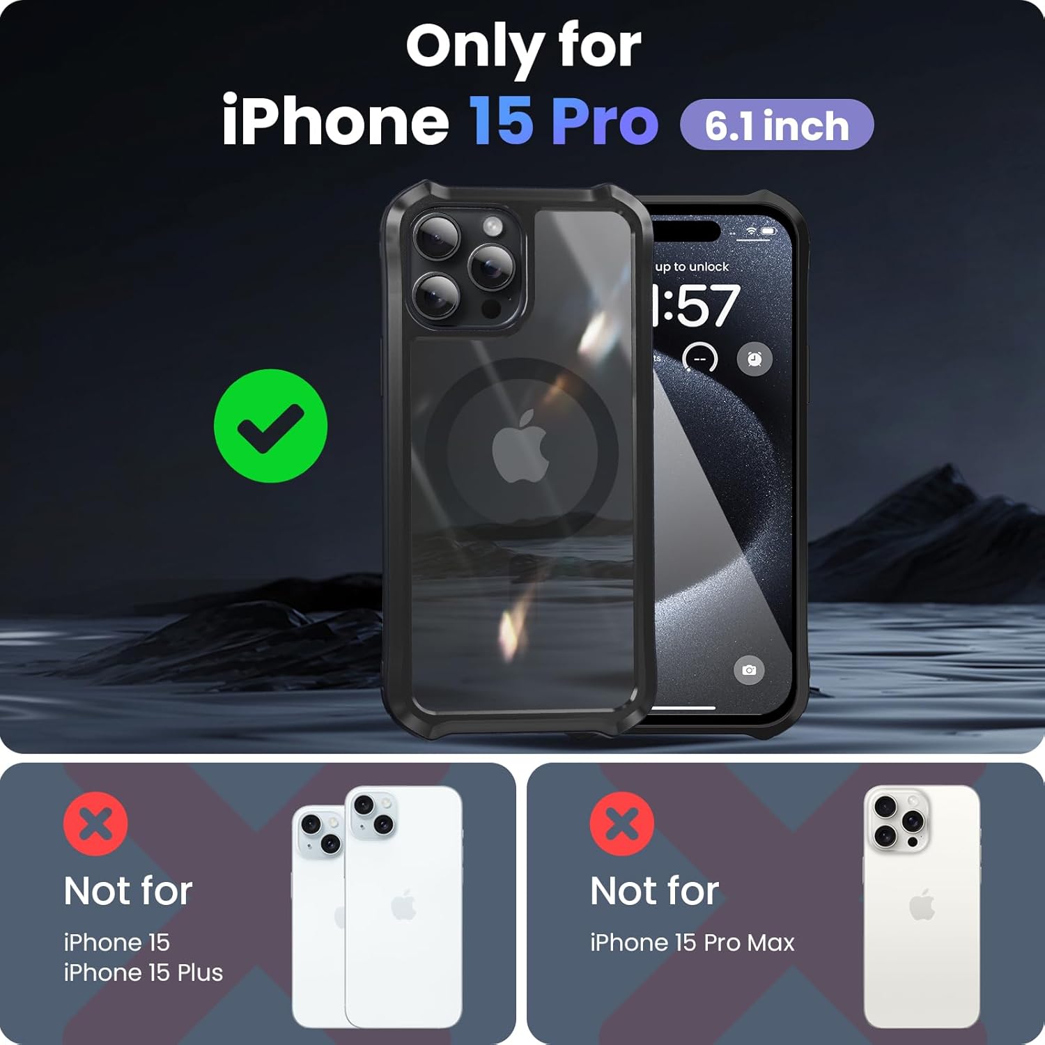Funda MagSafe para iPhone 15 Pro protección contra caídas de 16 pies, marco de aluminio de titanio con parte trasera transparente para iPhone 15
