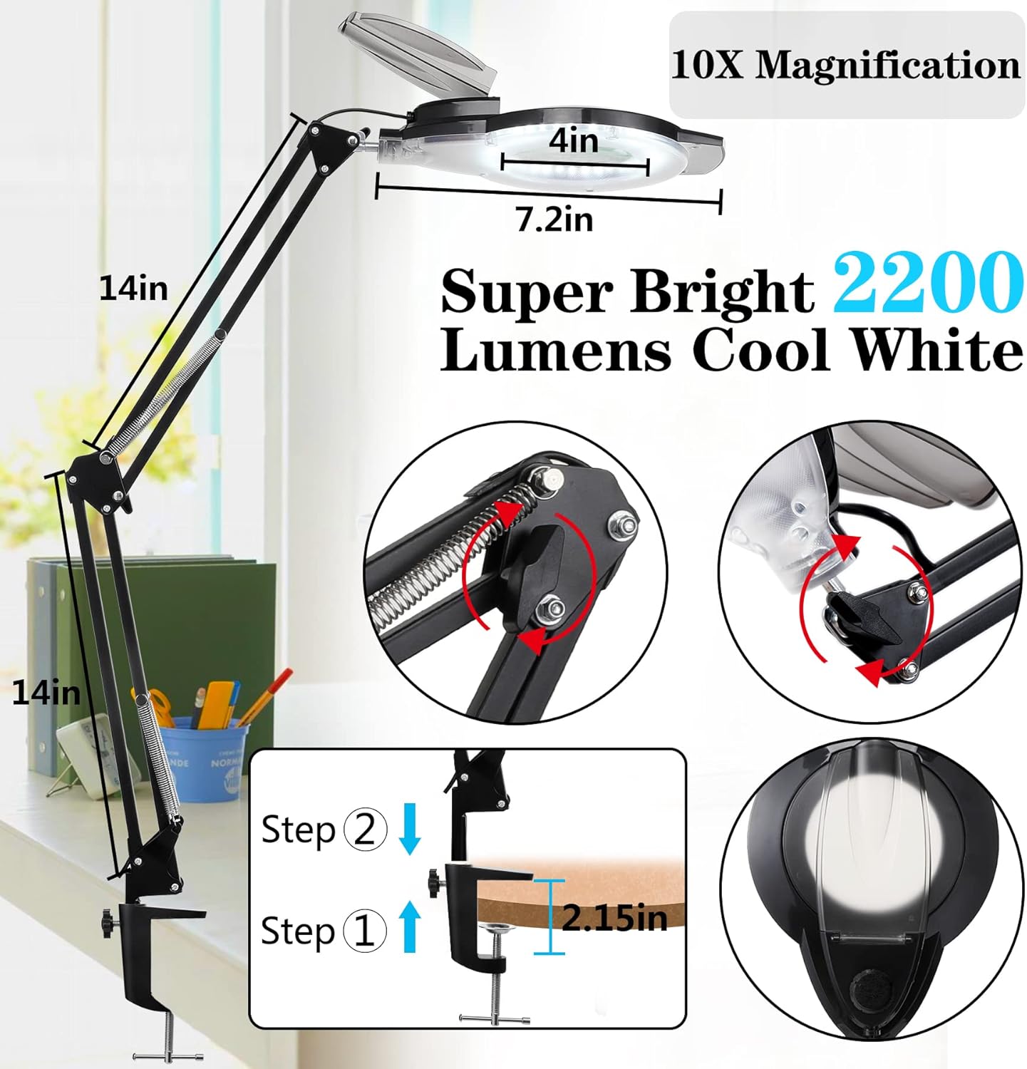 Addie – Lámpara LED de lupa con abrazadera, 1200 lúmenes, intensidad regulable, espectro completo de luz de día súper brillante, lente de la lupa de