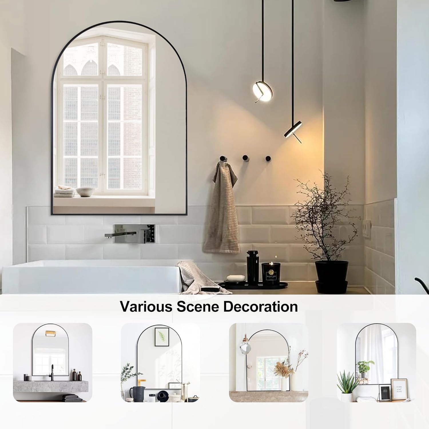 Espejo de baño arqueado de 24 x 36 pulgadas con aleación de aluminio negro con marco mate, para dormitorio, tocador, entrada, sala de estar