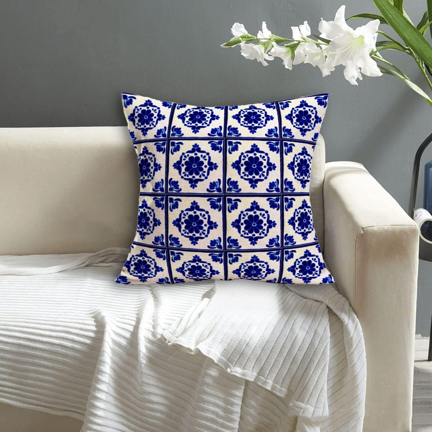 MEHOTOP Juego de 2 fundas de almohada españolas estilo Talavera, fundas de almohada cuadradas estilo oriental de 18 x 18 pulgadas, fundas de