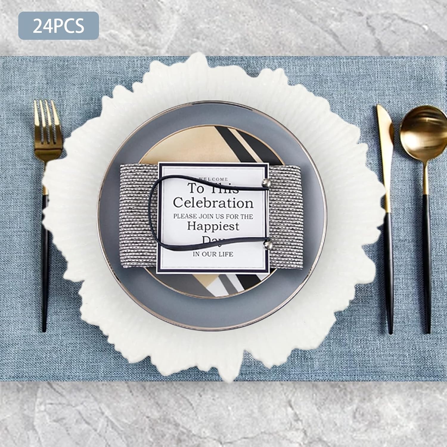 Platos de carga de 12.6 pulgadas, juego de 24, cargadores redondos de plástico metálico para platos llanos, cargadores decorativos para decoración