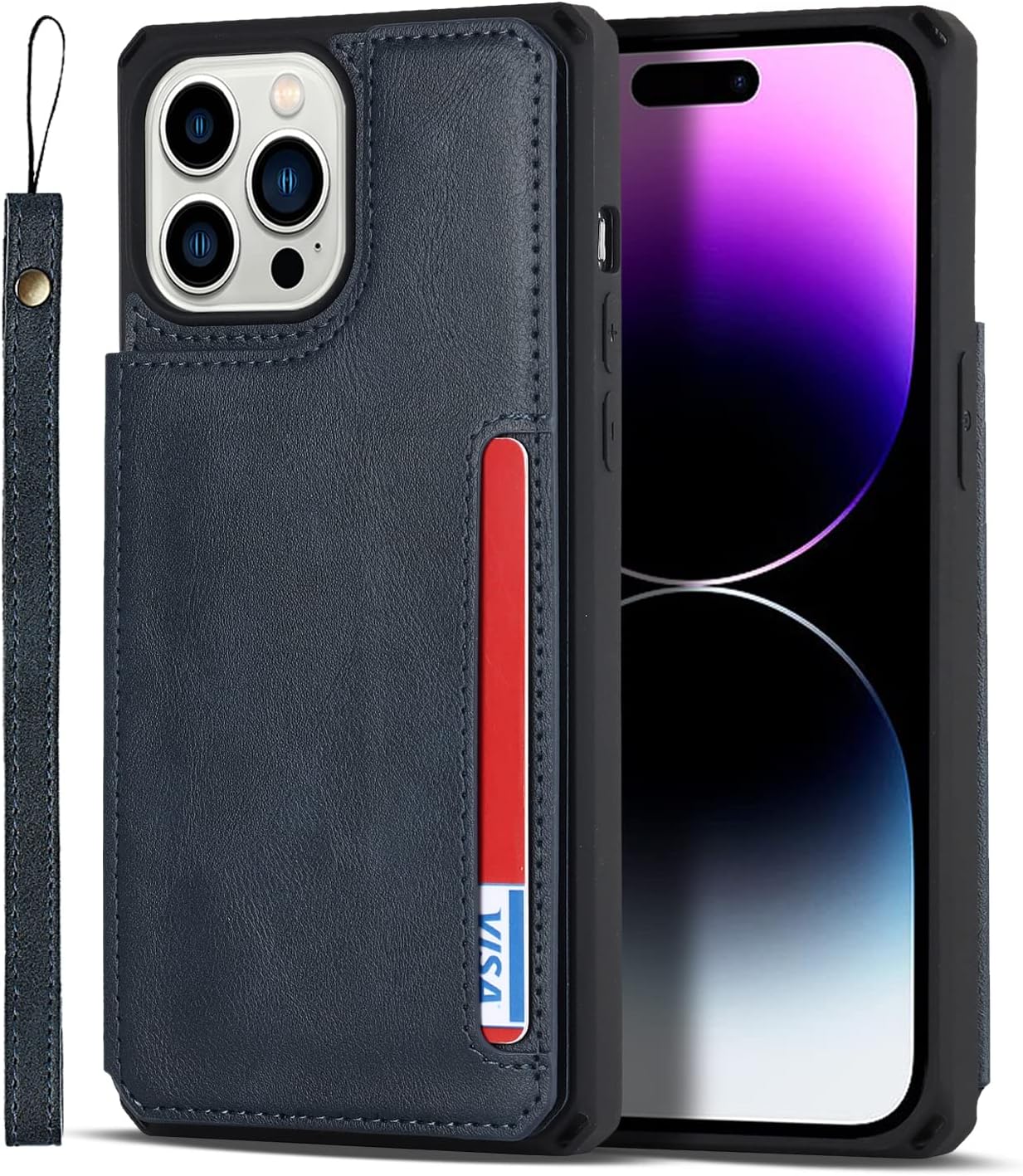 iCoverCase Funda tipo cartera compatible con iPhone 14 Pro con ranuras para tarjetas y correa para la muñeca, piel sintética, doble cierre