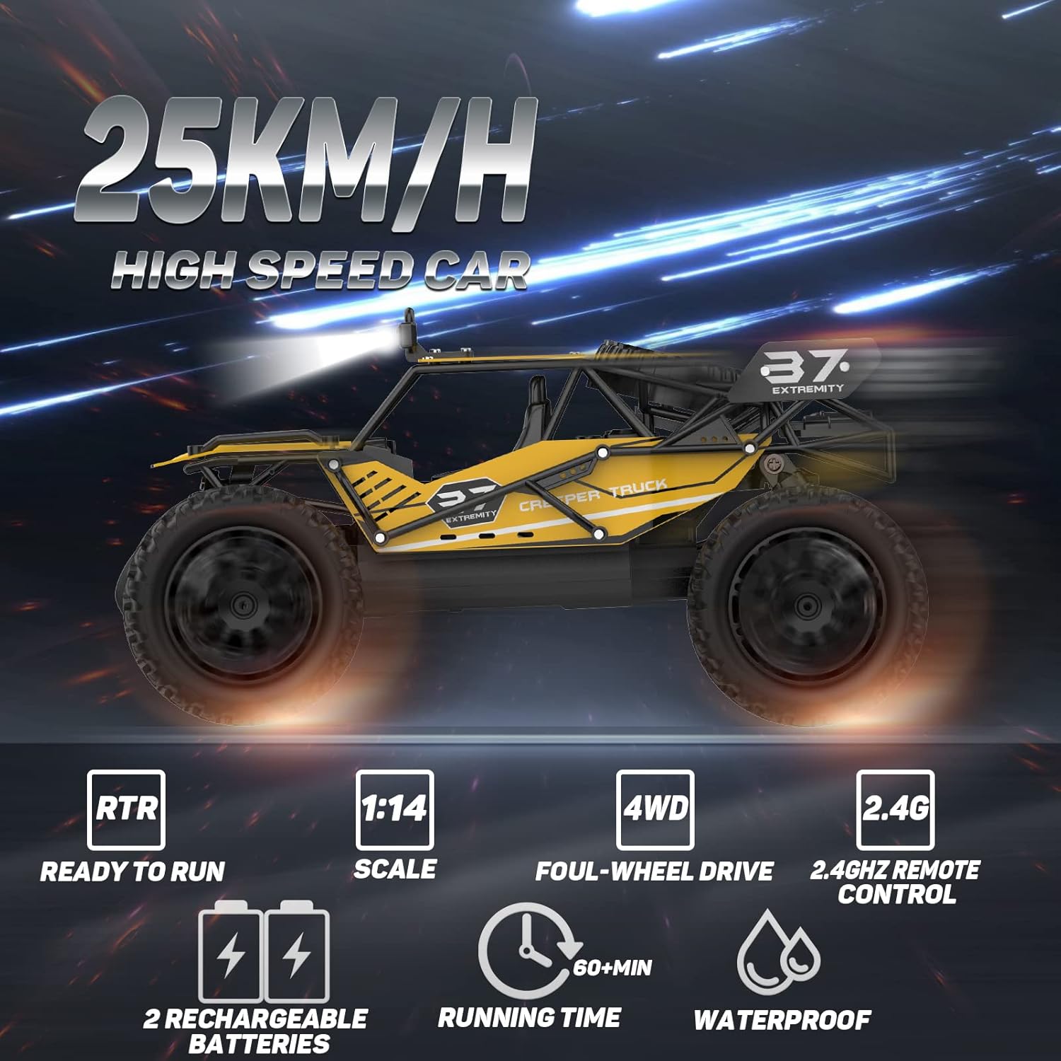 Auto a control remoto a escala 114 todo terreno RC Car 4WD 25KMH Modelo de alta velocidad 2.4GHz Racing Sport Toy Car para adultos, niños y niñas,