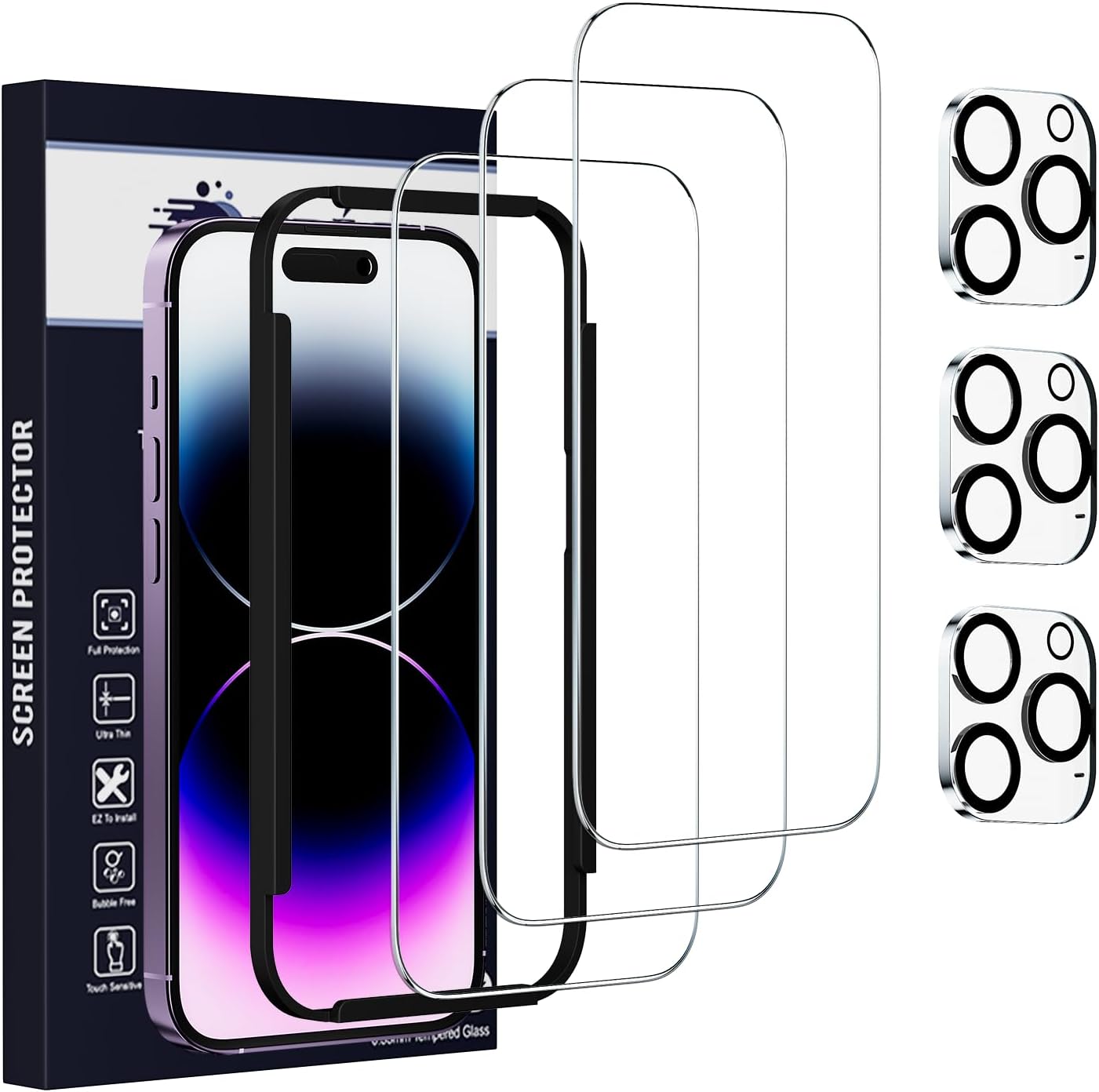 Xréel Paquete de 3 protectores de pantalla para iPhone 15 con 3 protectores de lente de cámara de vidrio templado, protector de platino, resistente