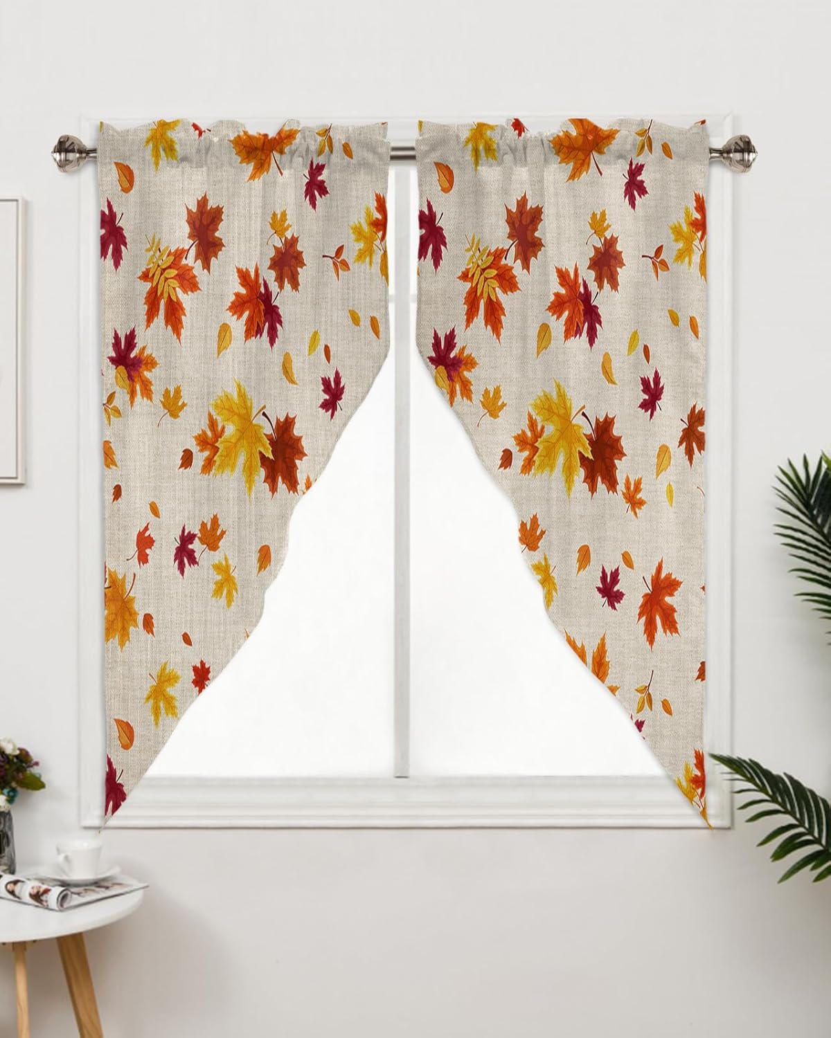 Cortinas con diseño de hojas de arce rojo naranja otoñal, cenefas de cocina con bolsillo para barra, par de festones, follaje caído de Acción de