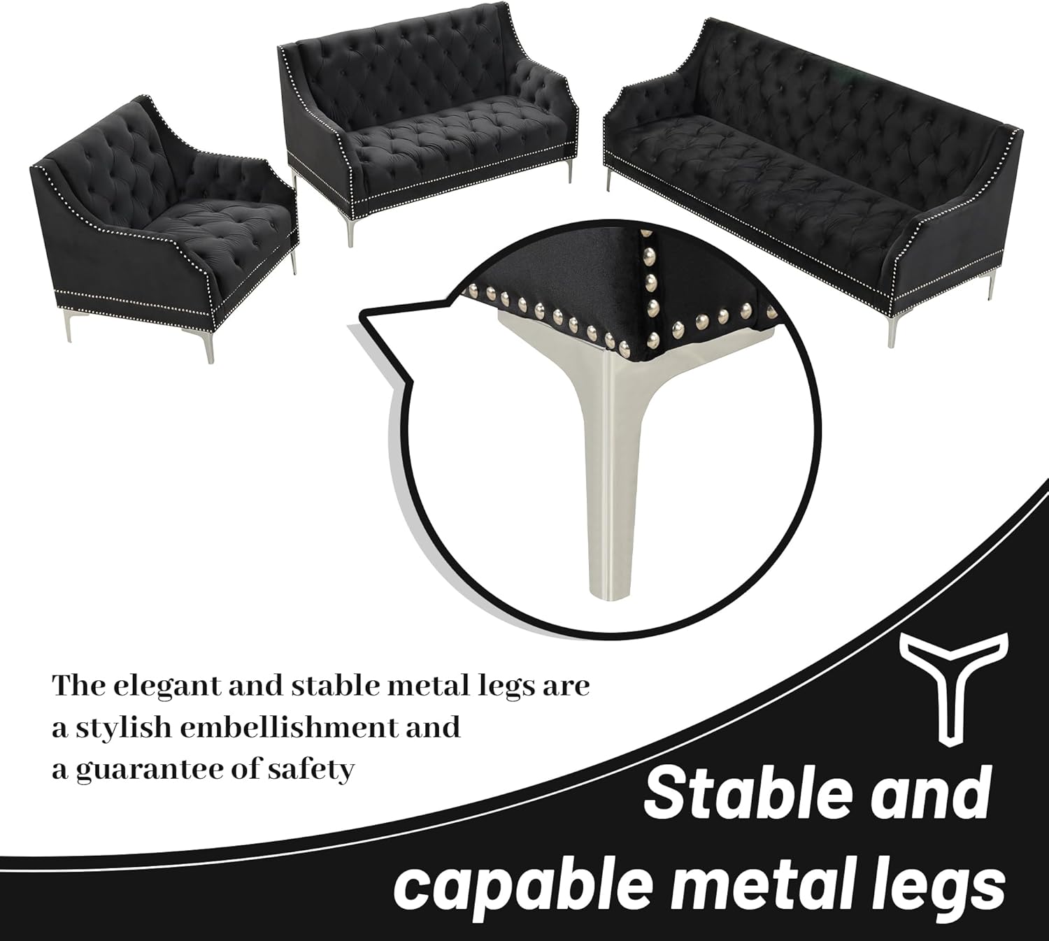 Sofá de 3 plazas, cómodos sofás para sala de estar, sofá tapizado moderno de mediados de siglo con patas de metal y botones en la parte posterior,