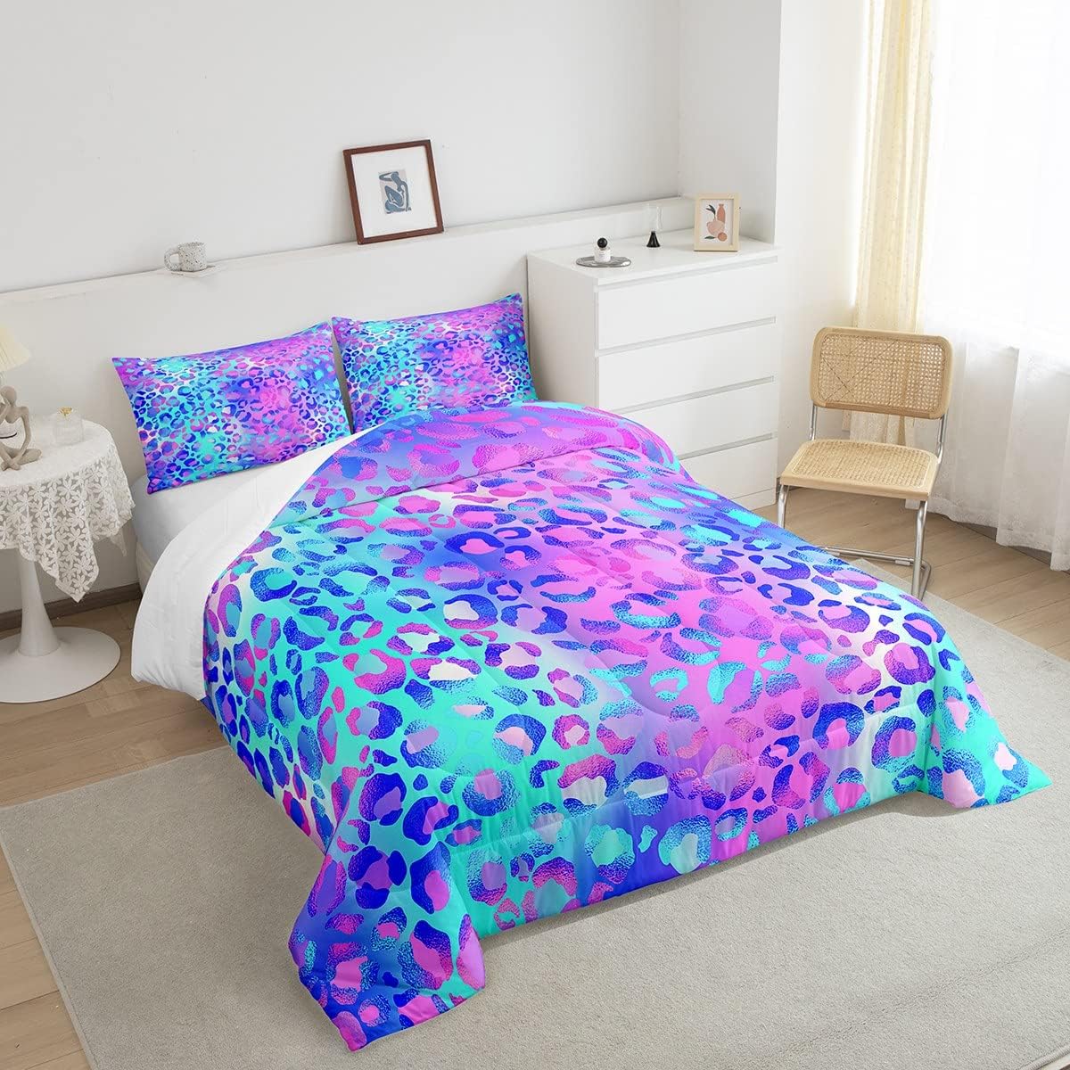 Feelyou Juego de edredón colorido de leopardo azul, morado, rosa, leopardo, juego de ropa de cama para niños pequeños, elegante juego de edredón