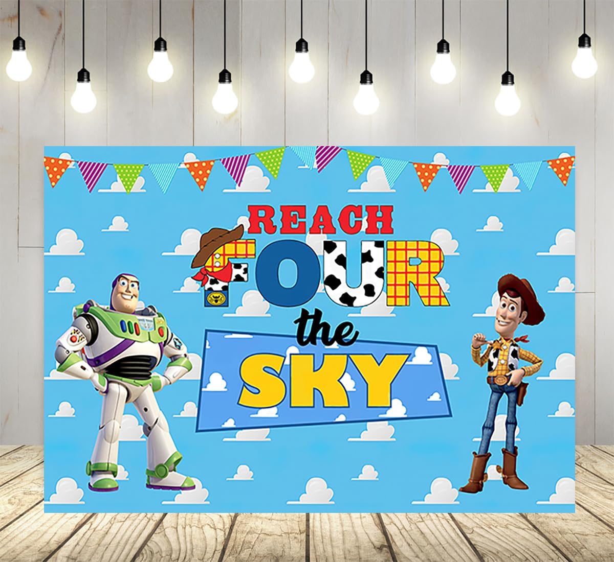 Telón de fondo Reach Four The Sky para fiesta de 4 cumpleaños, cielo azul, nubes blancas, fondos para fotos, tema de cumpleaños, cartel de baby