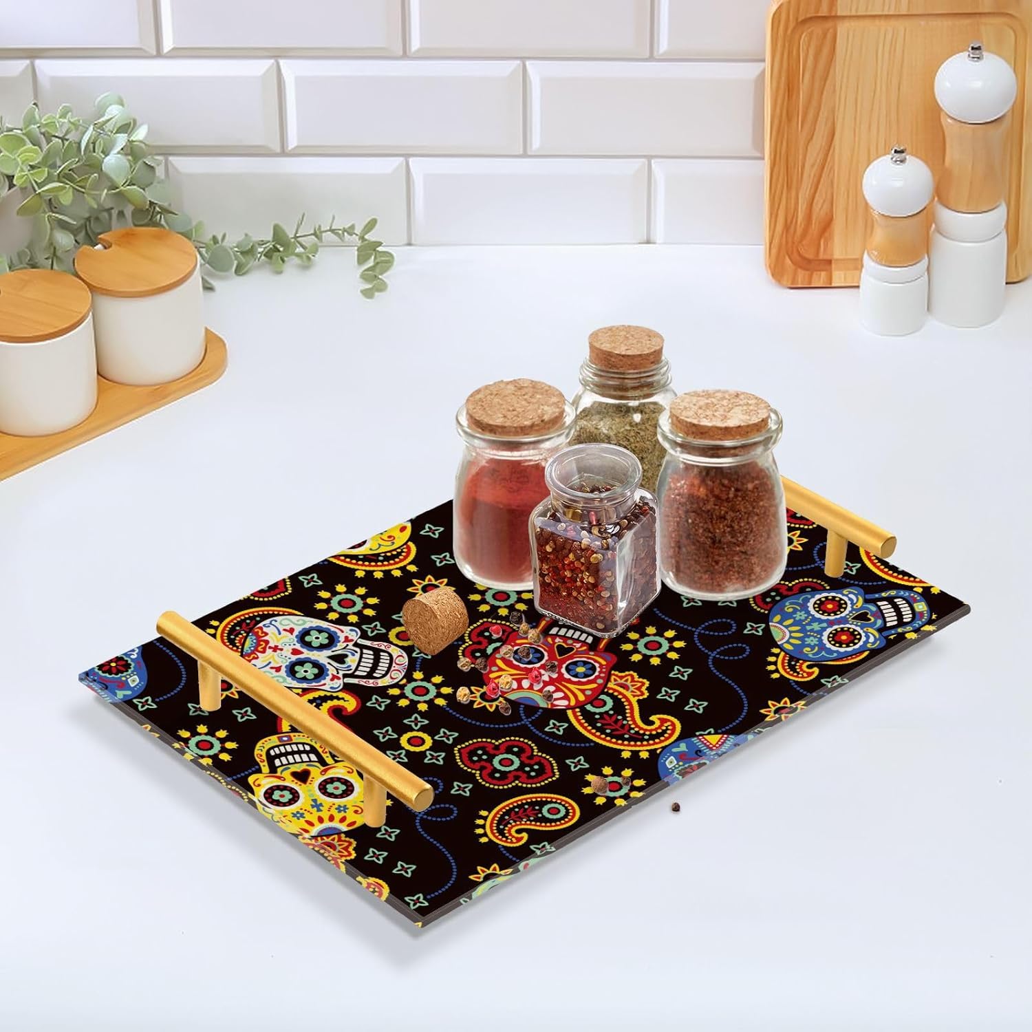 Colorful Skull Vanity Tray Rectangle Acrylic Bathroom Tray Serving Trays for Centerpieces Modern Home Decor for Kitchen Bathroom Bedroom Living Room