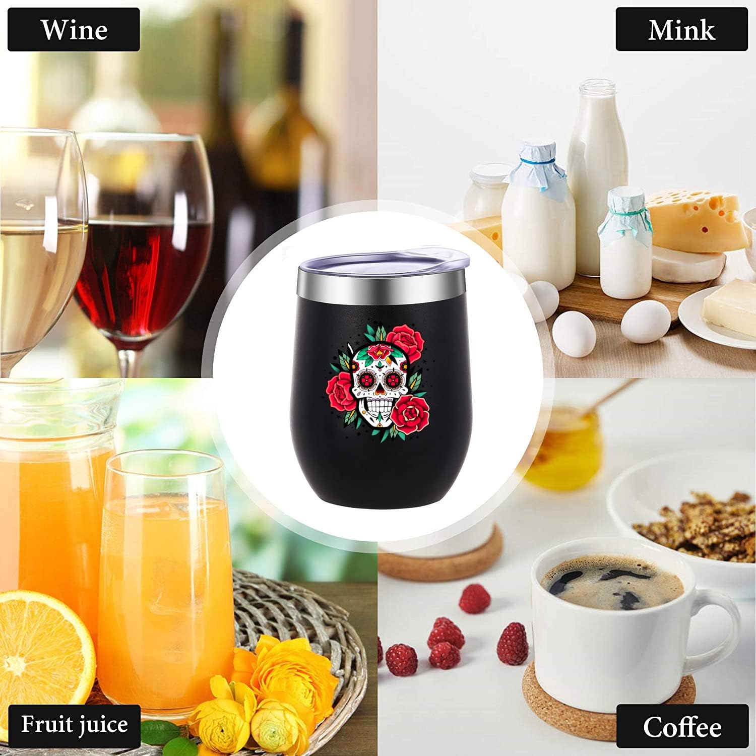 KAIRA Sugar Skulls Gifts – Vaso de vino de doble pared aislado al vacío, divertido vaso de viaje de acero inoxidable al vacío con tapa, 12 onzas,