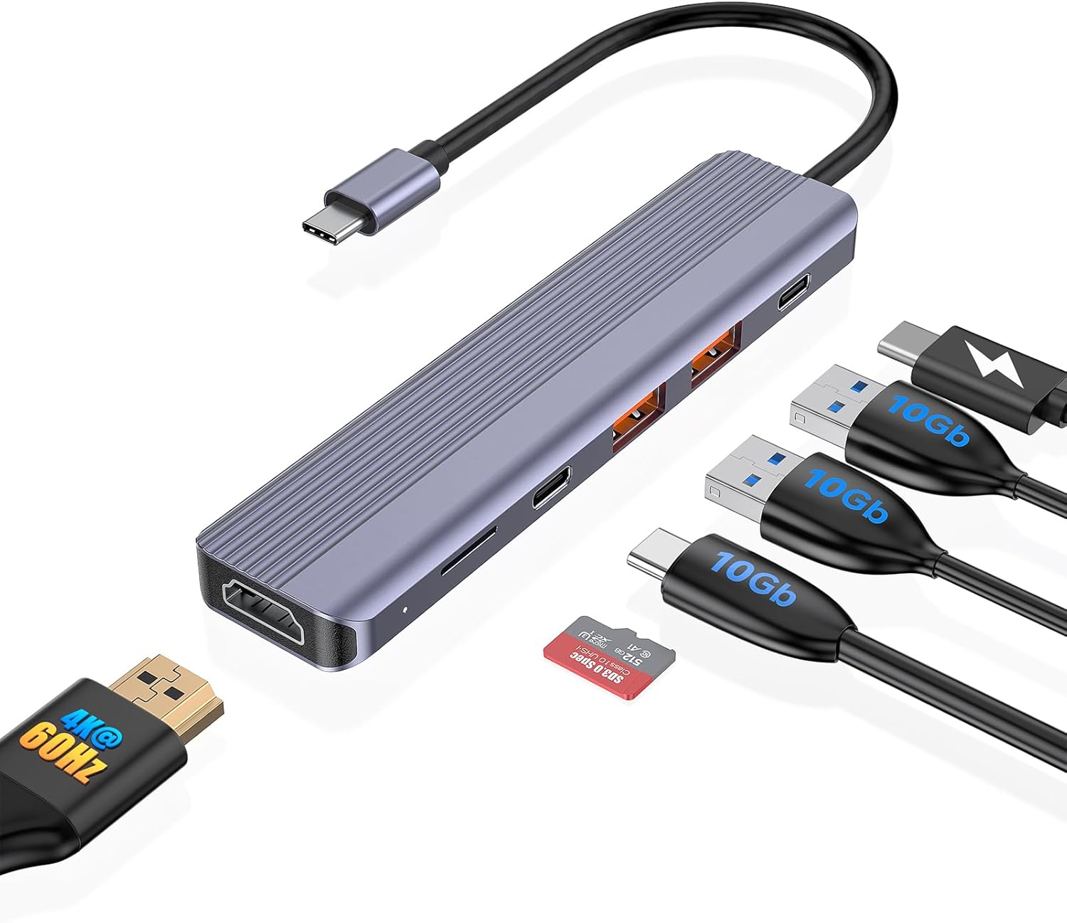 Hub USB tipo C, concentrador USB C de 10 Gbps, divisor USB C con 1 USB C 3.2 y 2 puertos de datos USB A 3.2, HDMI 4K a 60 HZ, 100 W PD, lector de