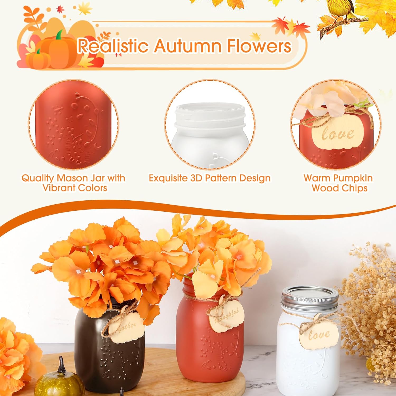Hotop 6 juegos de tarros de decoración de otoño con flores de cosecha de casa de campo con flores de Acción de Gracias, centro de mesa, arreglo