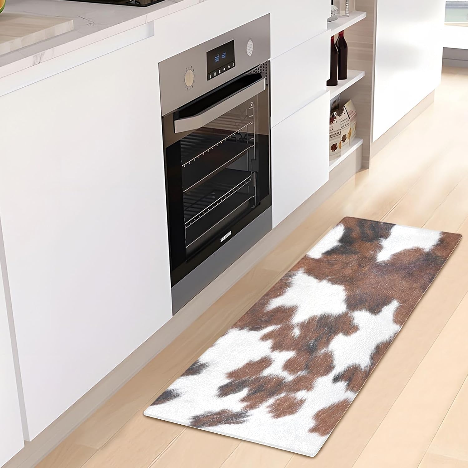 Joisal Tapetes de felpa de vaca con estampado de vaca blanco y marrón para baño, alfombra de baño absorbente antideslizante, alfombra de baño