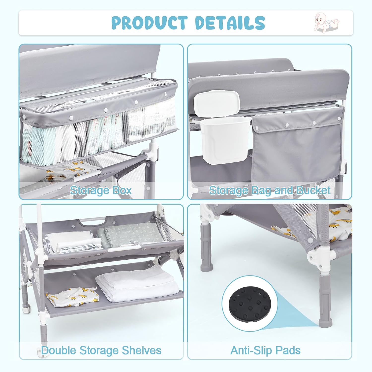 Cambiador portátil para bebé, mesa de cambio de pañales plegable con ruedas, altura ajustable, cubo de limpieza, cambiador para bebé, organizador de