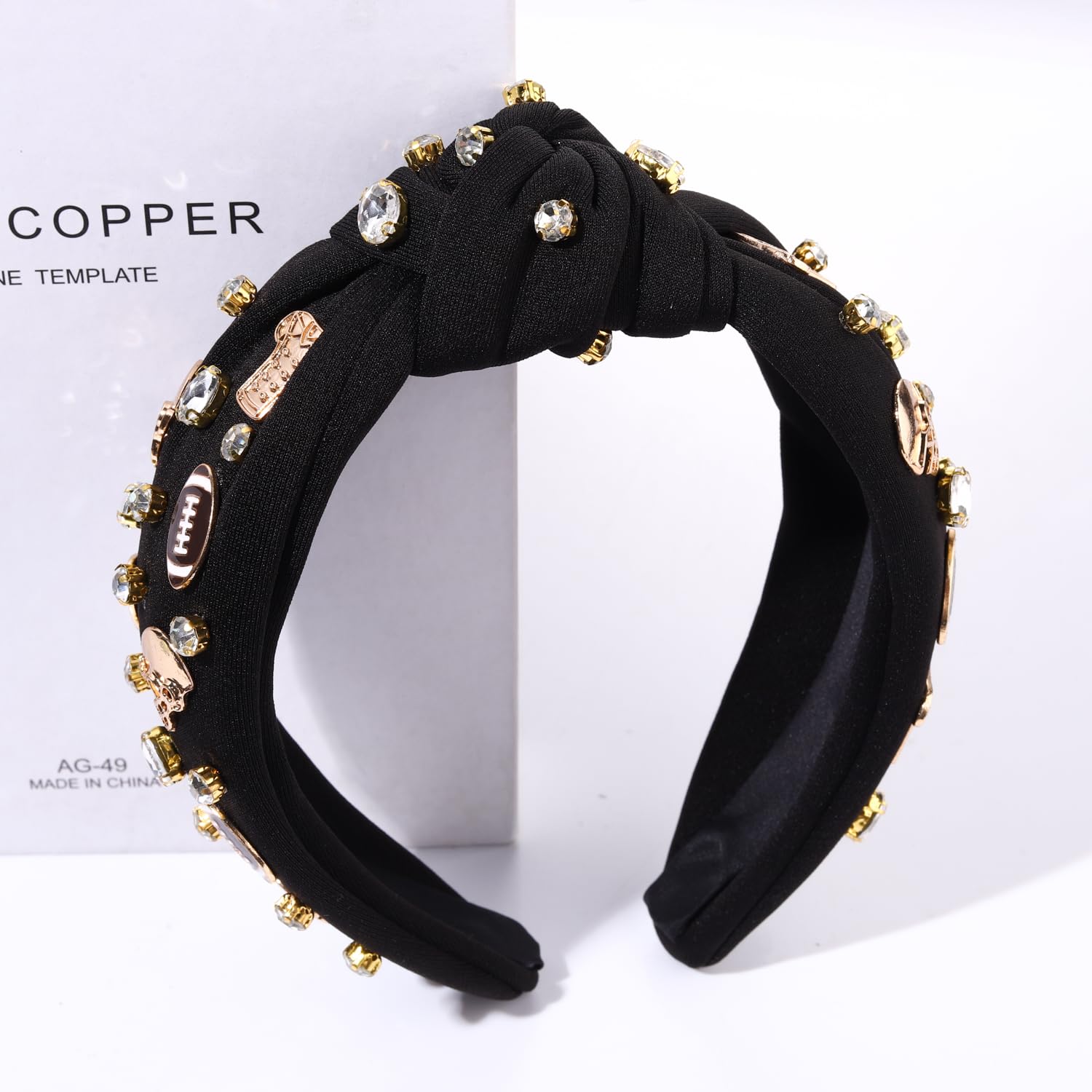Diadema anudada de fútbol para mujer, deportiva con perlas blancas y diamantes de imitación, diadema divertida con nudo torcido, accesorios para el
