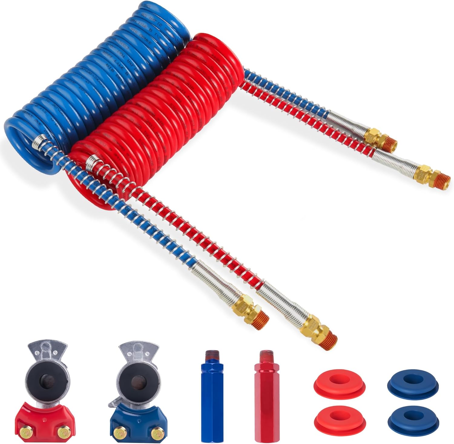 Juego de bobinas de manguera de freno de aire en espiral de 15 pies, mangueras de remolque para semirremolques, accesorios NPT DOT de 12 pulgada con
