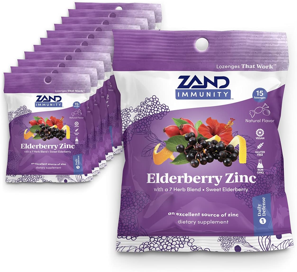 ZAND HerbaLozenge – Pastillas de zinc de saúco, buenas para ti para garganta seca, sin jarabe de maíz, sin azúcar de caña (12 bolsas, 15 pastillas)