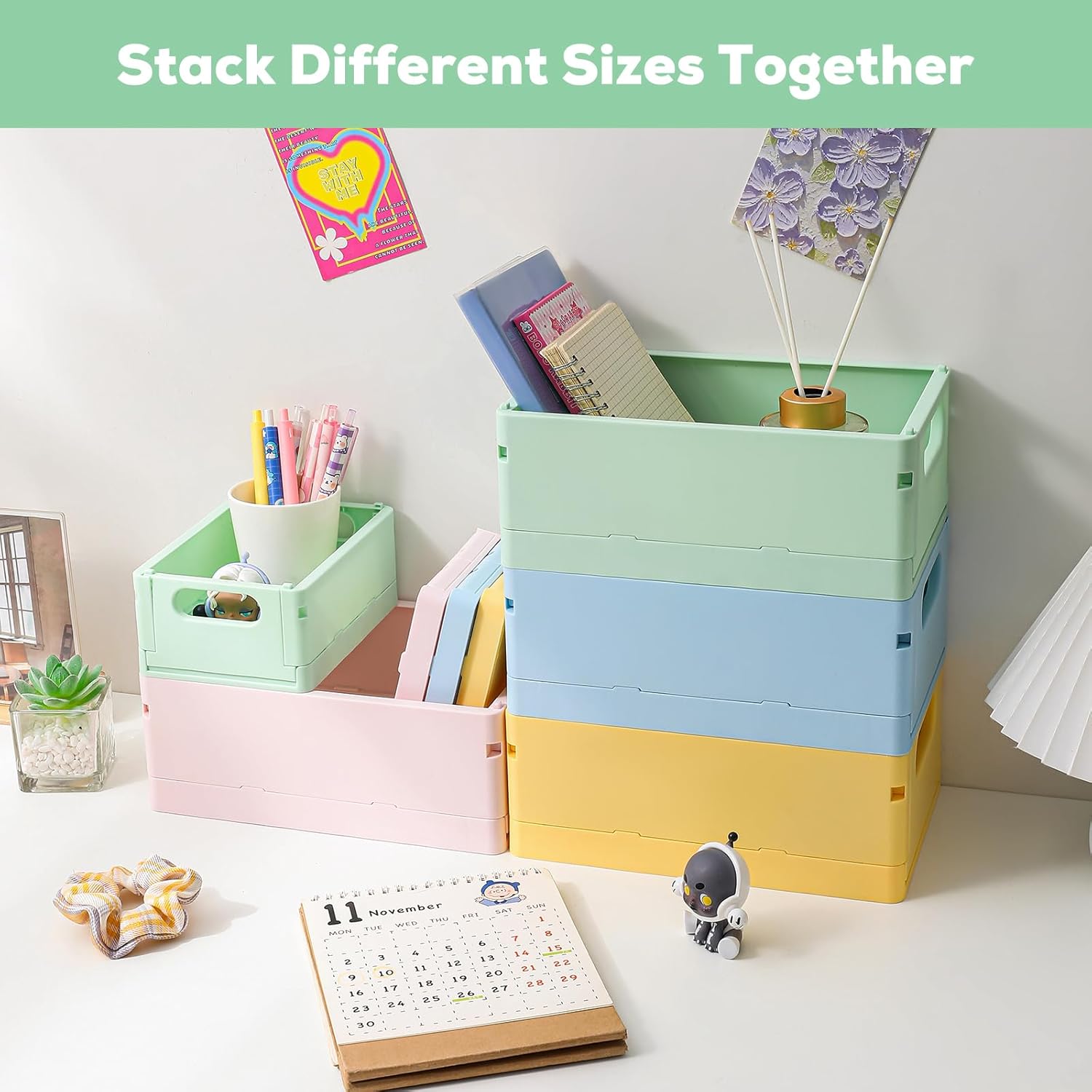 TRZZ Paquete de 2 mini cajas organizadoras de plástico plegables de plástico, contenedores apilables lindos para oficina y hogar, dormitorio, baño y