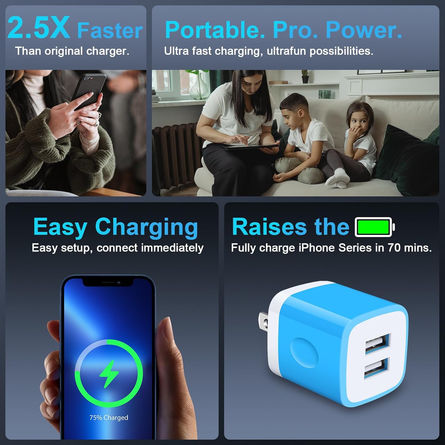 Cargador de pared USB, ladrillo cargador, paquete de 2.1 A, adaptador de cargador USB de doble puerto, bloque de carga rápida, caja de cargador para