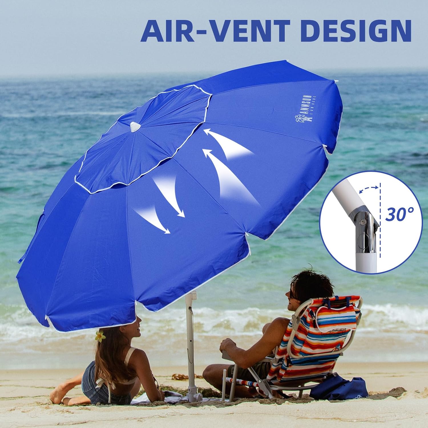 AMMSUN Sombrilla de playa grande de 8 pies con anclaje de arena, sombrilla portátil resistente al viento con protección UV UPF50+, rejillas de
