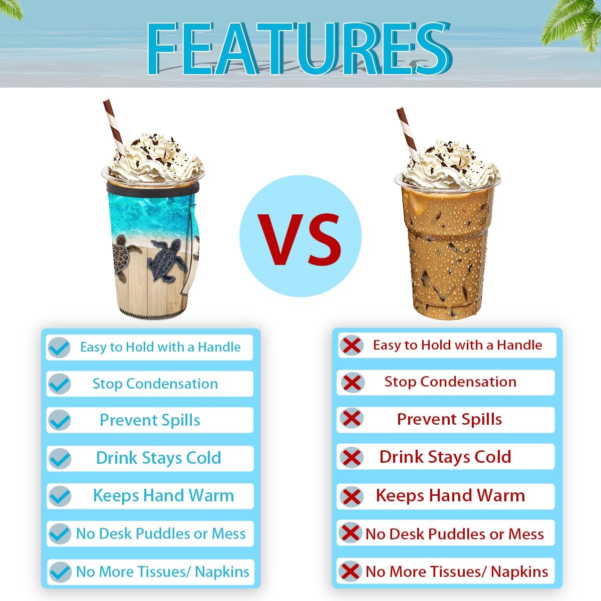 Funda de neopreno reutilizable para café helado de tortuga marina con asa, funda aislante de neopreno reutilizable de madera para bebidas calientes