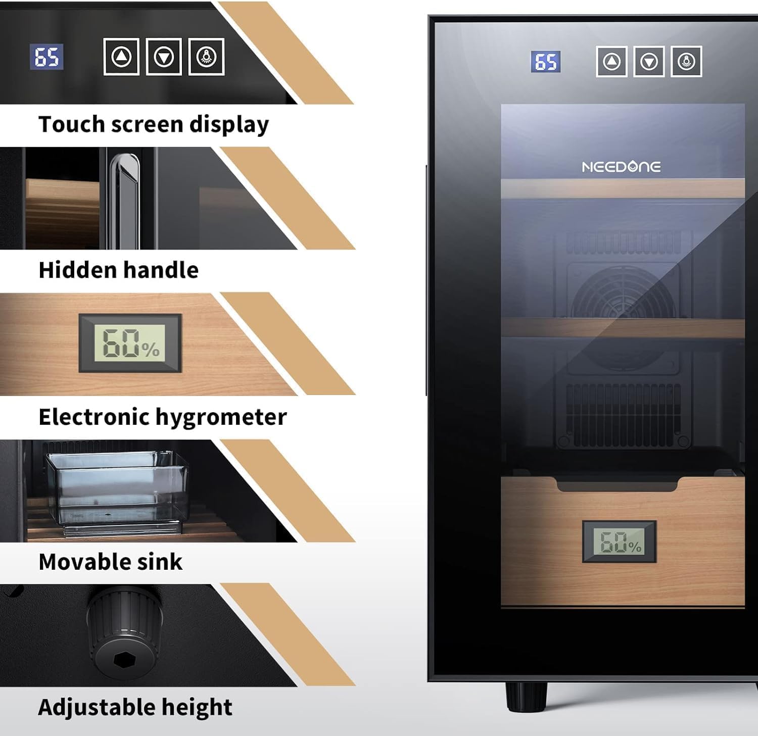 NEEDONE Humidor eléctrico de 23 litros con sistema de control silencioso de calefacción y refrigeración, gabinete termostático para 150 unidades con