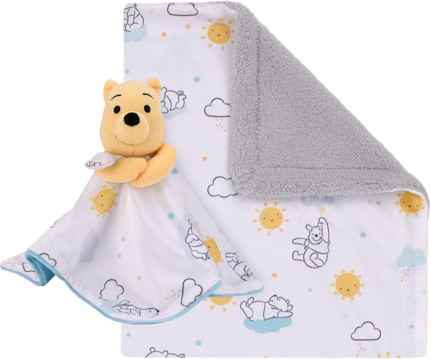 Disney Winnie The Pooh – Juego de 2 piezas de manta de bebé Sherpa súper suave y manta de seguridad para bebé, color blanco, amarillo y aguamarina