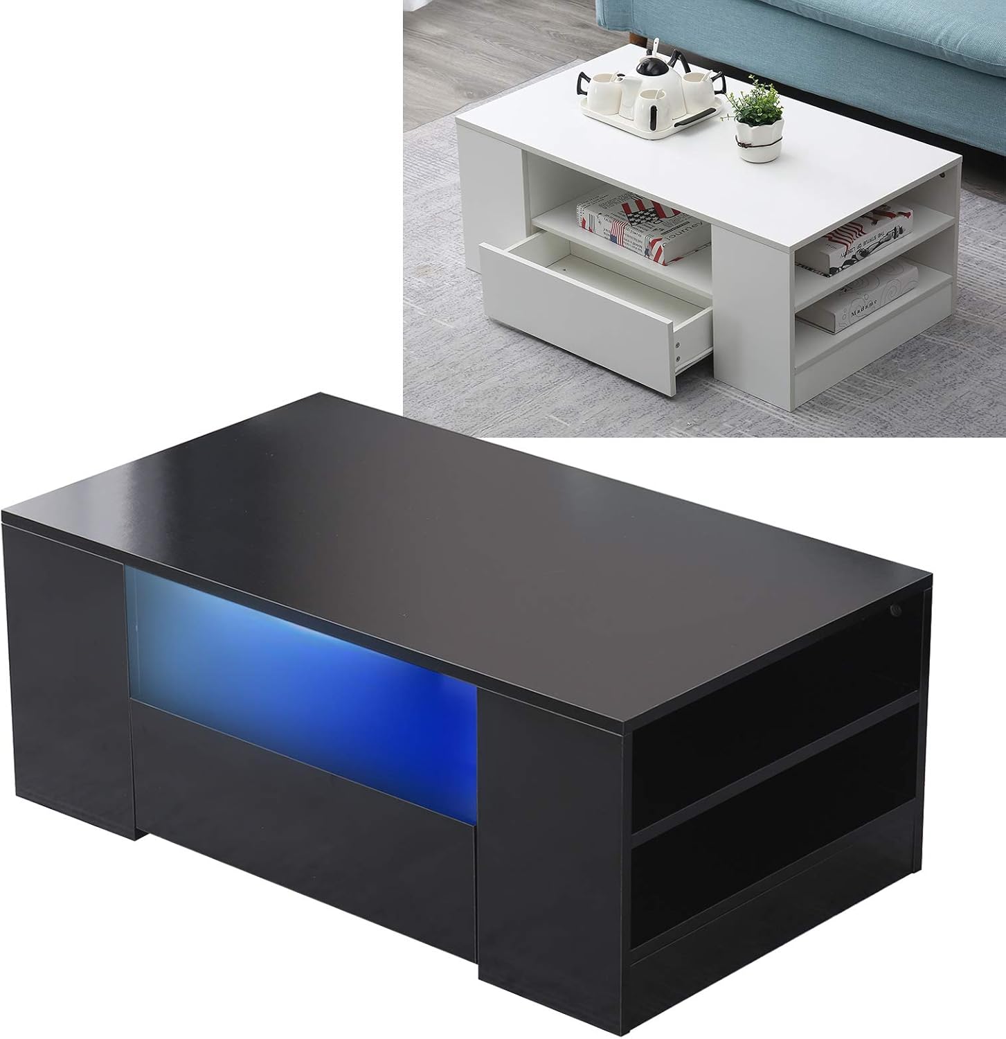 Fichiouy Moderna mesa auxiliar de 37 pulgadas con cajón, mesa rectangular con luz LED para sala de estar, blanconegro (mesa auxiliar negra de alto