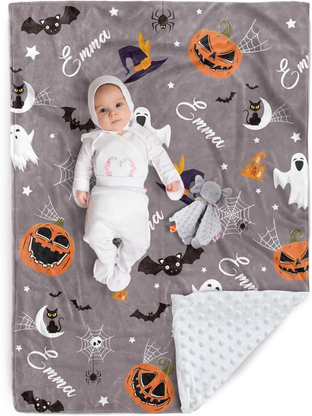 Duckbe Manta de Halloween personalizada, diseños de dibujos animados con nombre personalizable, manta de franela de felpa suave con respaldo